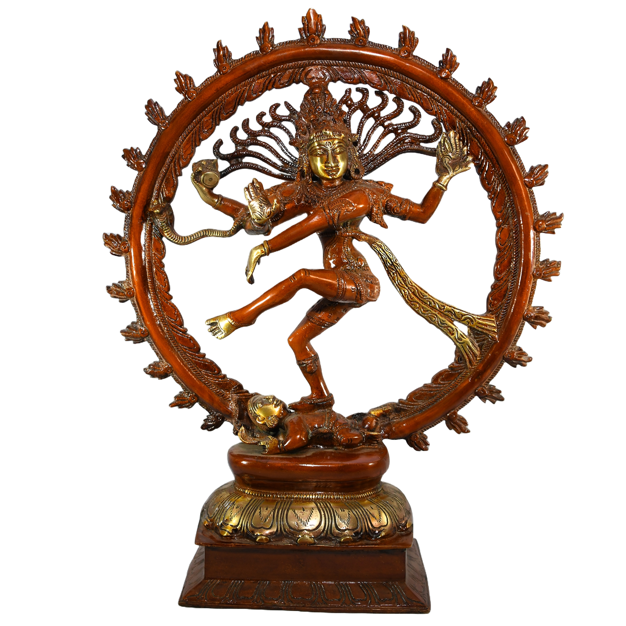Alt text: Antique-finished cast brass statue of Shiva Nataraja, the Hindu god of dance. He's depicted in a dynamic pose, surrounded by flames.