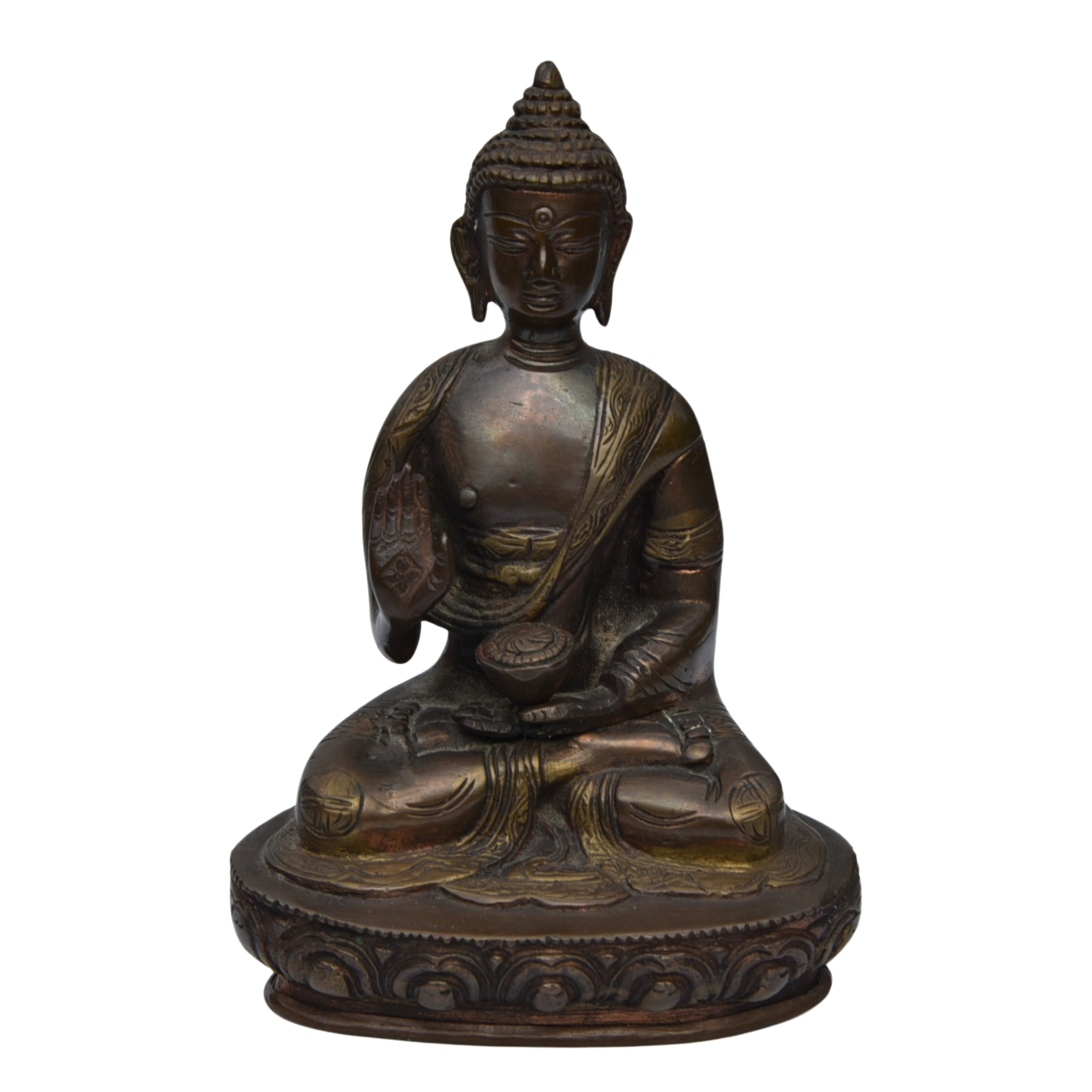 Antique brass Medicine Buddha statue 18cm tall font view.png