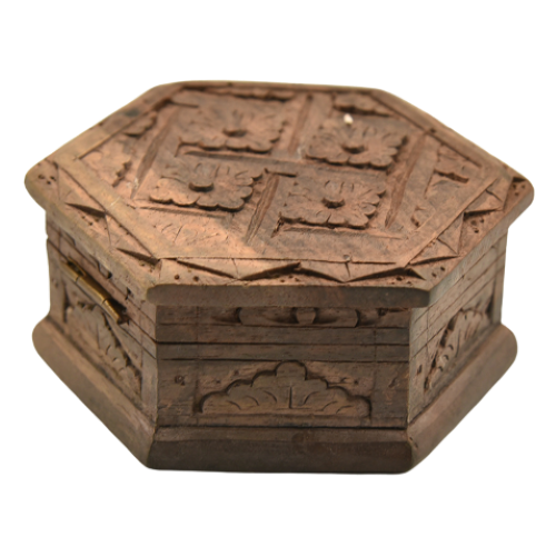 Hexagonal hand carved hinged trinket box side view.png