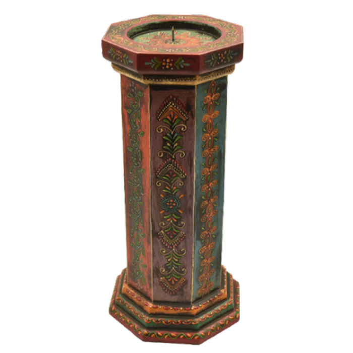 Handmade Rajasthan large wooden candle stick hexagonal decorated