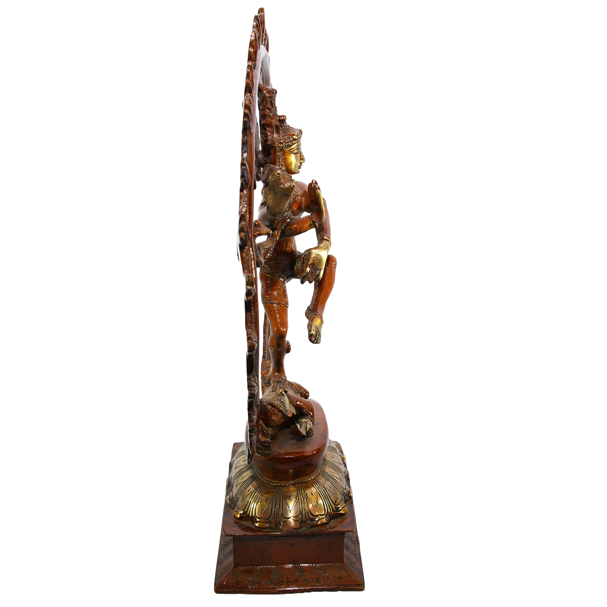 Alt text: Antique-finished cast brass statue of Shiva Nataraja, the Hindu god of dance. He's depicted in a dynamic pose, surrounded by flames.
