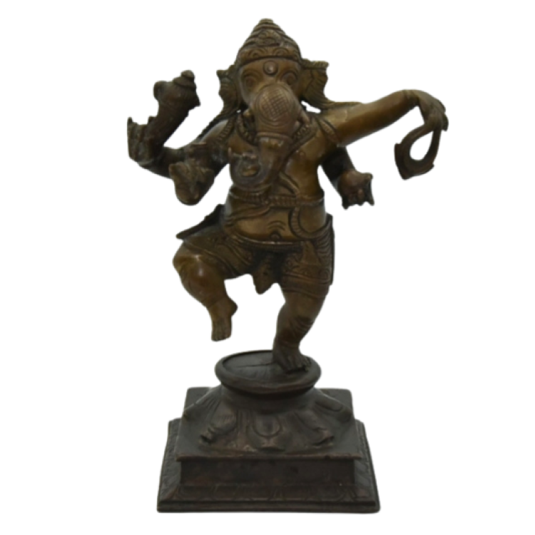 Antique handcast bronze Ganesh statue dancing front view.png