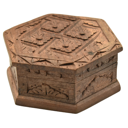 Hexagonal hand carved hinged trinket box