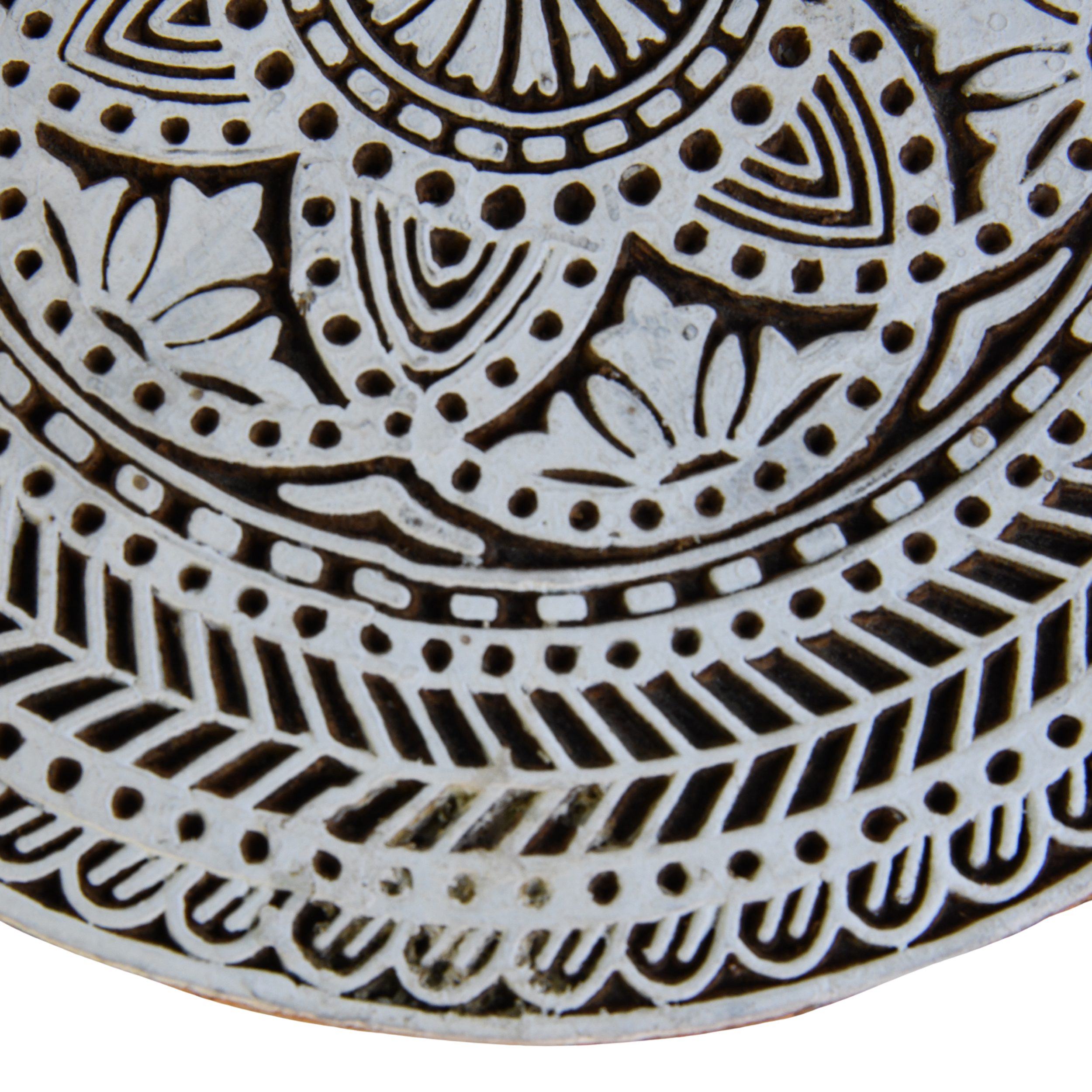 Large, hand-carved Indian wooden printing block with a detailed mandala design