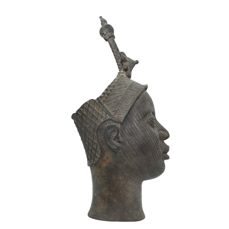 Detailed bronze sculpture of a woman's head with a crown, depicting an Ife Queen from Benin's rich cultural heritage.