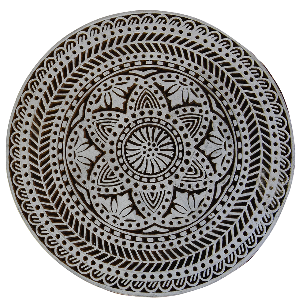 Large, hand-carved Indian wooden printing block with a detailed mandala design