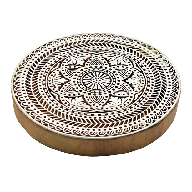Large, hand-carved Indian wooden printing block with a detailed mandala design
