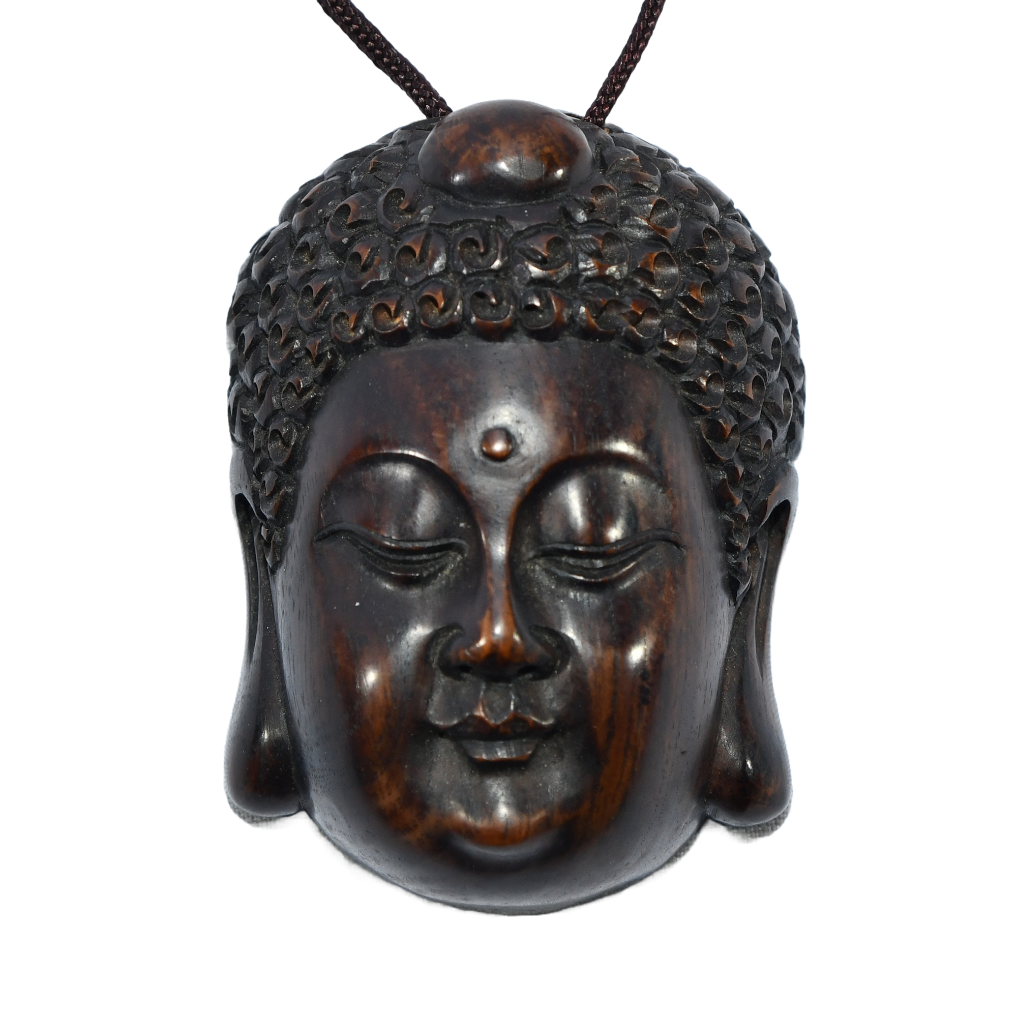 19th-century hand-carved Japanese bone inro featuring a plague bird and erotic scene, with an early-20th-century boxwood netsuke depicting a Buddha head.