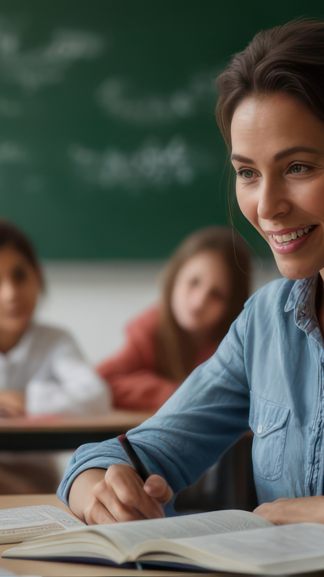 teacher sitting and smiling in a classroom
