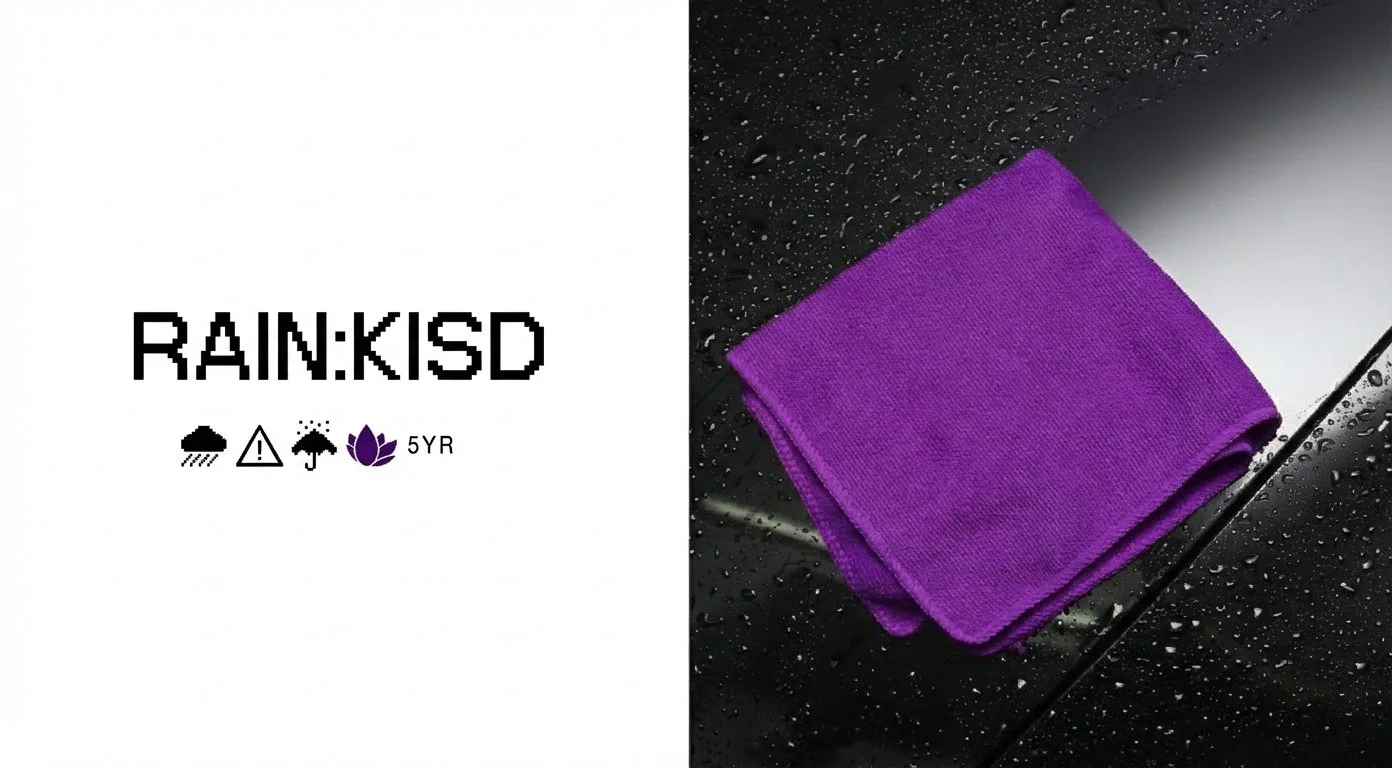 A purple microfiber cloth resting on a wet, black surface with water droplets. RAIN:KISD Automotive Paint Protection system developed in collaboration with Nanolex (INFINITEC GmbH).