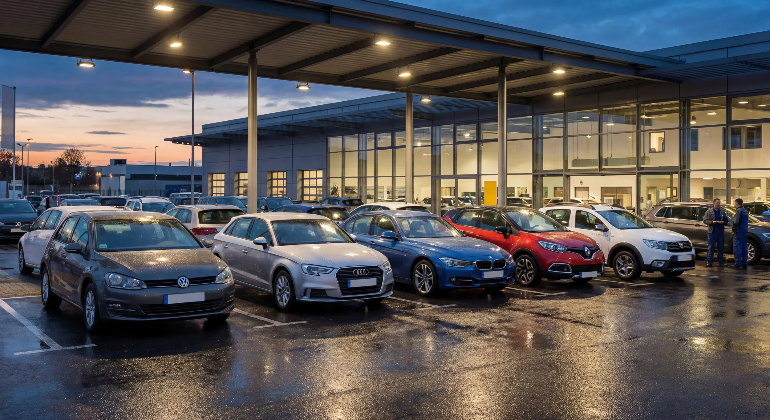 Cars parked in front of a modern car dealership building during dusk, with two people talking near the cars.