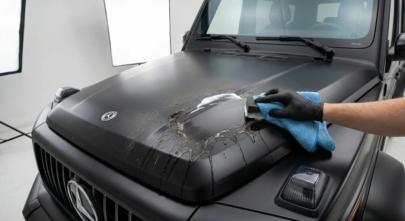 A person wearing black gloves is cleaning the hood of a matte black Mercedes-Benz G-Class vehicle with a blue cloth, with soap suds visible on the surface in a well-lit indoor space.