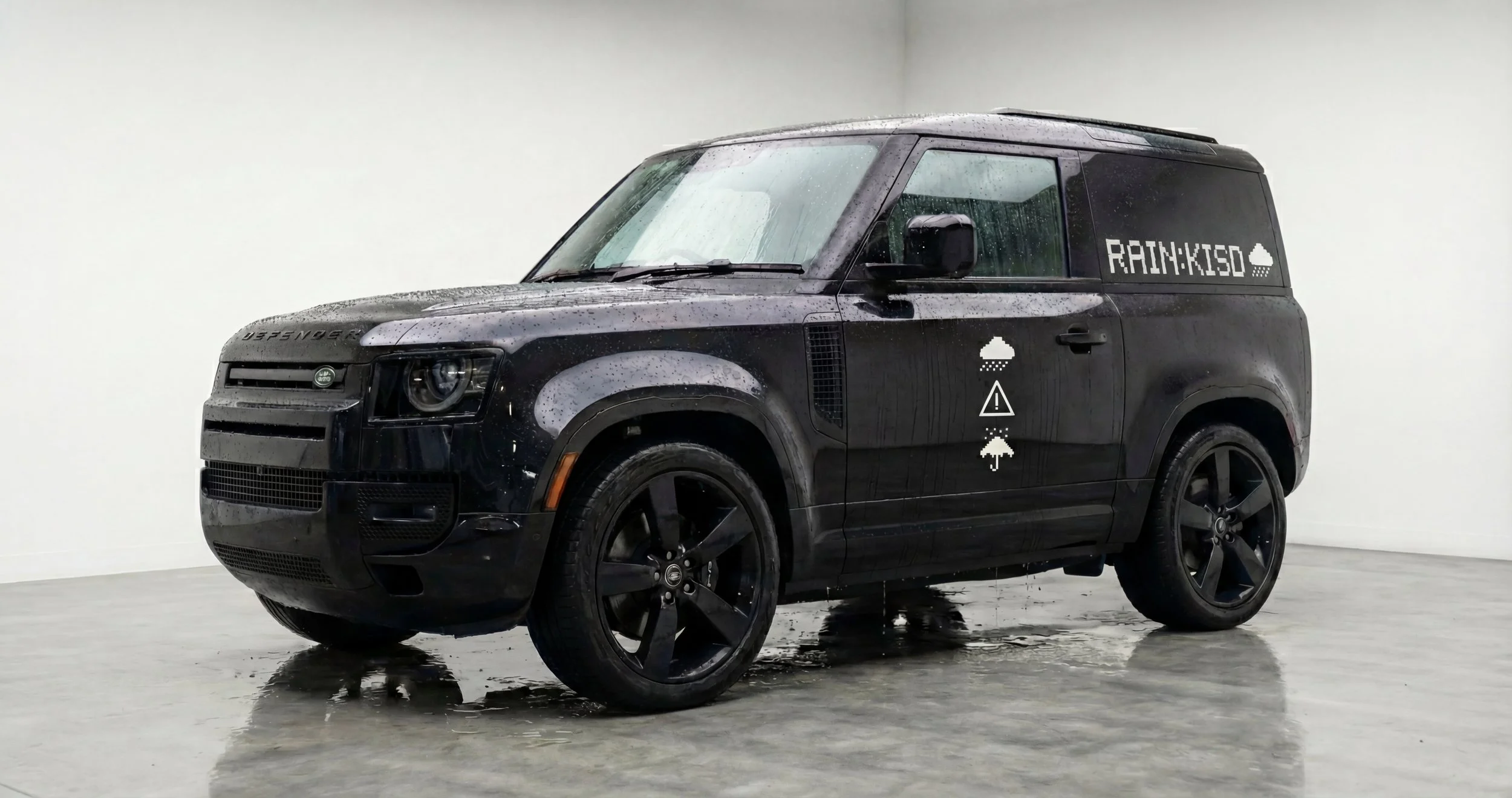 A black Land Rover SUV with rain droplets on it, parked indoors on a wet floor. The vehicle has icons and text that say "RAIN:KISD" on the side, along with weather symbols including rain, an exclamation mark, and arrows pointing up and down.