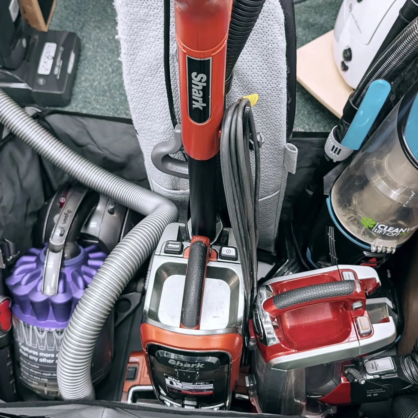 Today's dumpster run. Two Sharks, a Dyson, a Bissell and an Oreck. All but one customer left with a new Sebo or Riccar.

Tired of buying junk? Come see us.