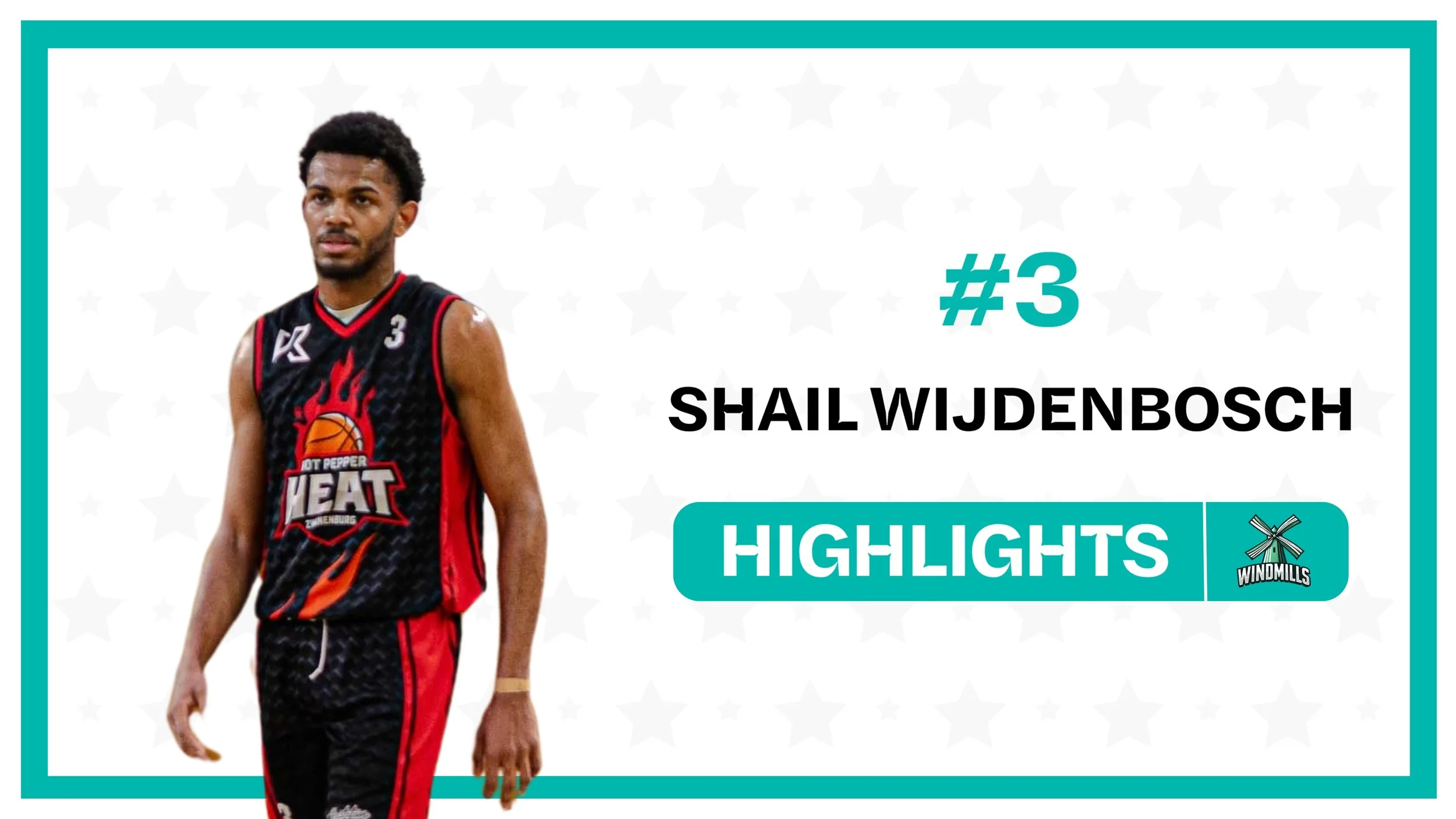 Sportkaart met foto van basketballspeler Shail Wijdenbosch in zwart en rood sportoutfit met logo voor Heat Den Bosch, tekst met #3, naam, en de woorden Highlights en Windmills.