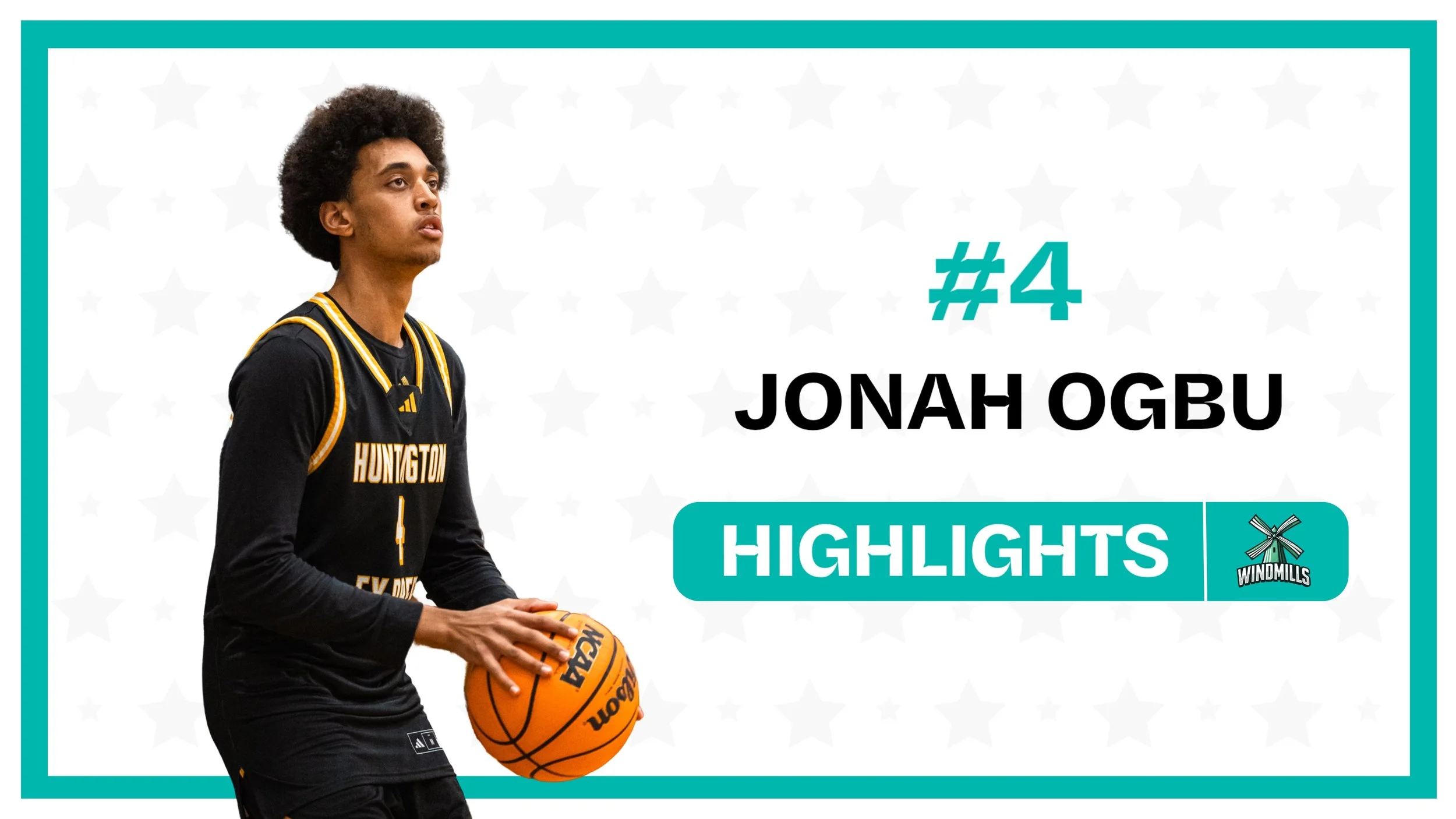 Screenshot van een sportsamenvatting met een jonge man die basketbal speelt, gekleed in een zwart en geel tenues van Huntington en met een basketbal in de hand. Op de achtergrond tekst met #4 en zijn naam Jonah Ogbu, en een knop met 'Highlights' en een logo van Windmills.