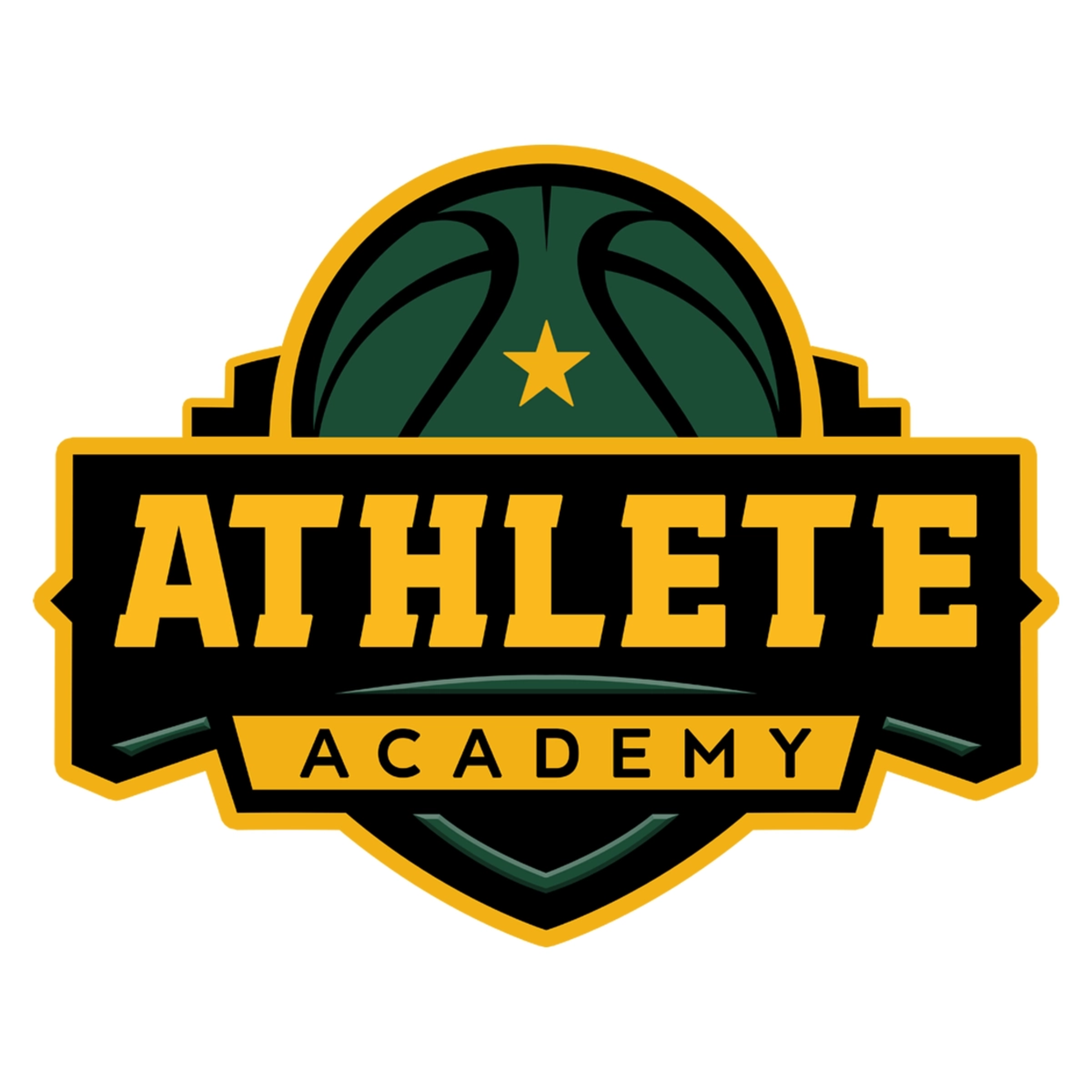 Logo van Athlete Academy met een groene basketbal met een gele ster er in, en de tekst 'Athlete Academy' in gele en zwarte letters.