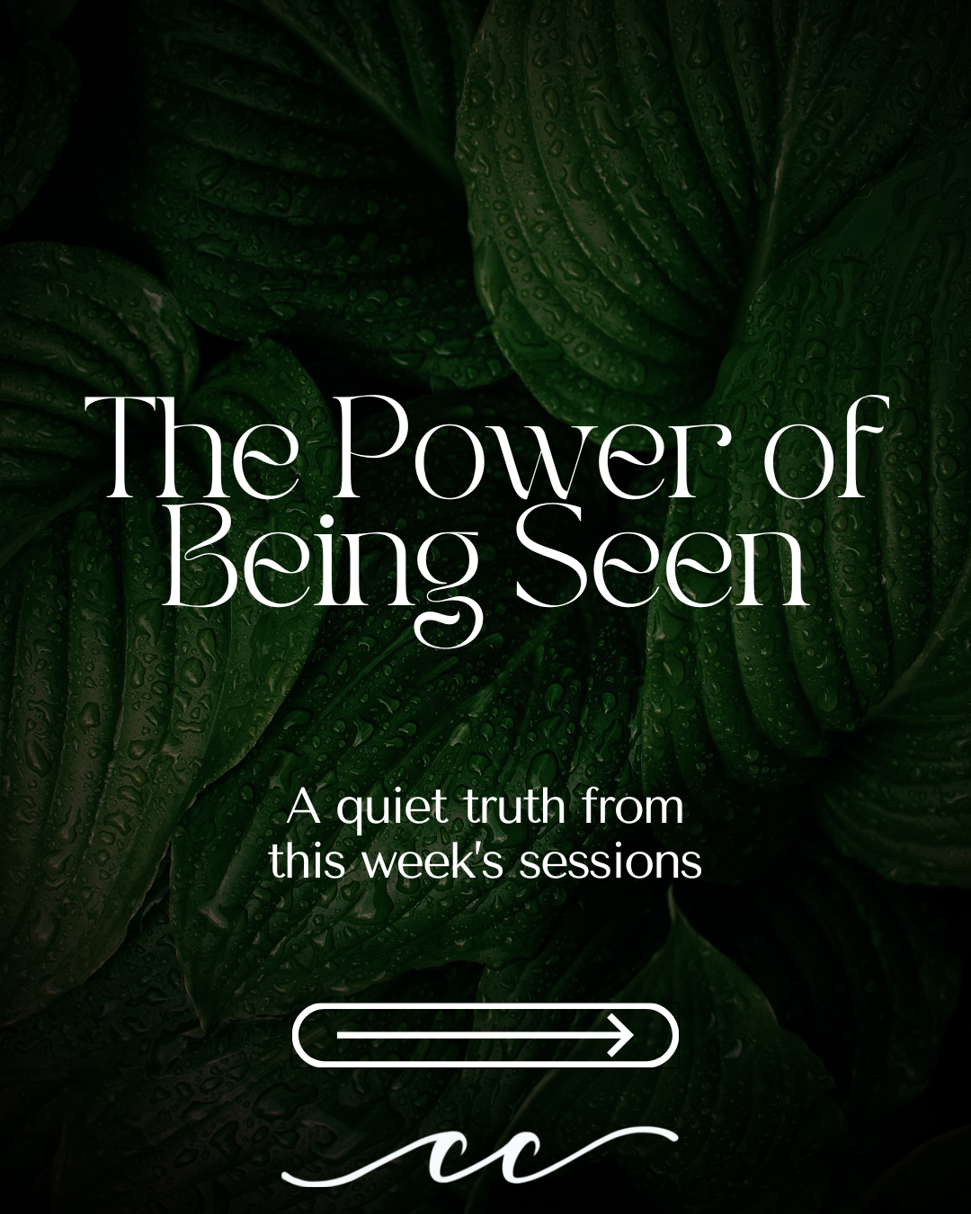 Dark green leaves with water droplets and white text overlay reading 'The Power of Being Seen' and 'A quiet truth from this week’s sessions,' with an arrow button and a stylized logo or signature at the bottom.