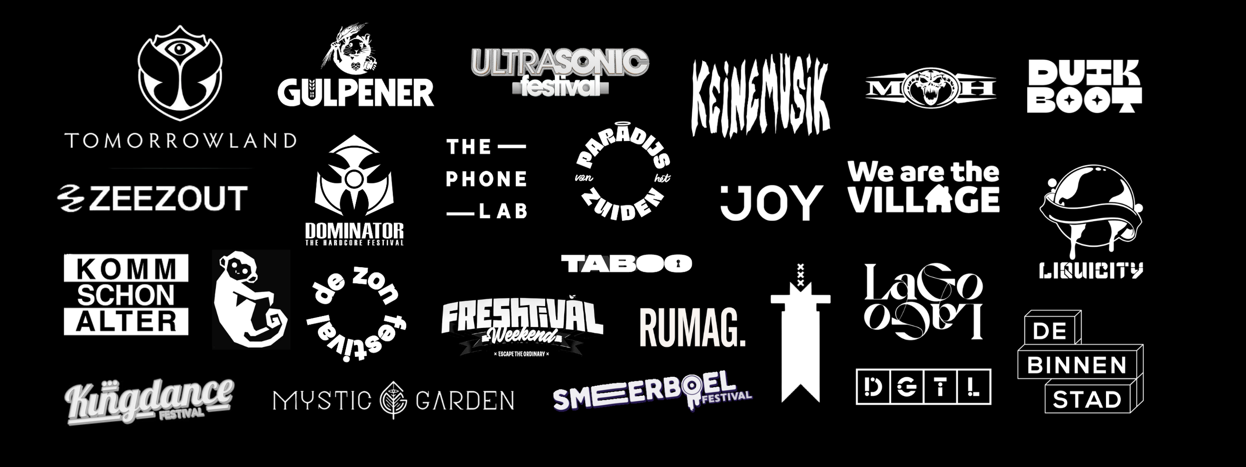 Collection of black and white festival logos and names, including 'ULTRASONIC festival', 'GULPENER', 'KEINE MUSIK', 'DUCK BOO', 'TOMORROWLAND', 'ZEEZOUT', 'THE PHONE LAB', 'PARADISO van HET ZUIDEN', 'MOEH', 'WE ARE THE VILLAGE', 'KOMM SCHON ALTER', 'FREESTYLE Weekend', 'RUMAG', 'LAGO', 'KINGDANCE FESTIVAL', 'MYSTIC GARDEN', 'SMEERBOEL FESTIVAL', and others, arranged in a collage style on a black background.