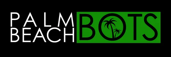 Logo for Palm Beach Bots with palm trees inside the letter 'O' in green box.