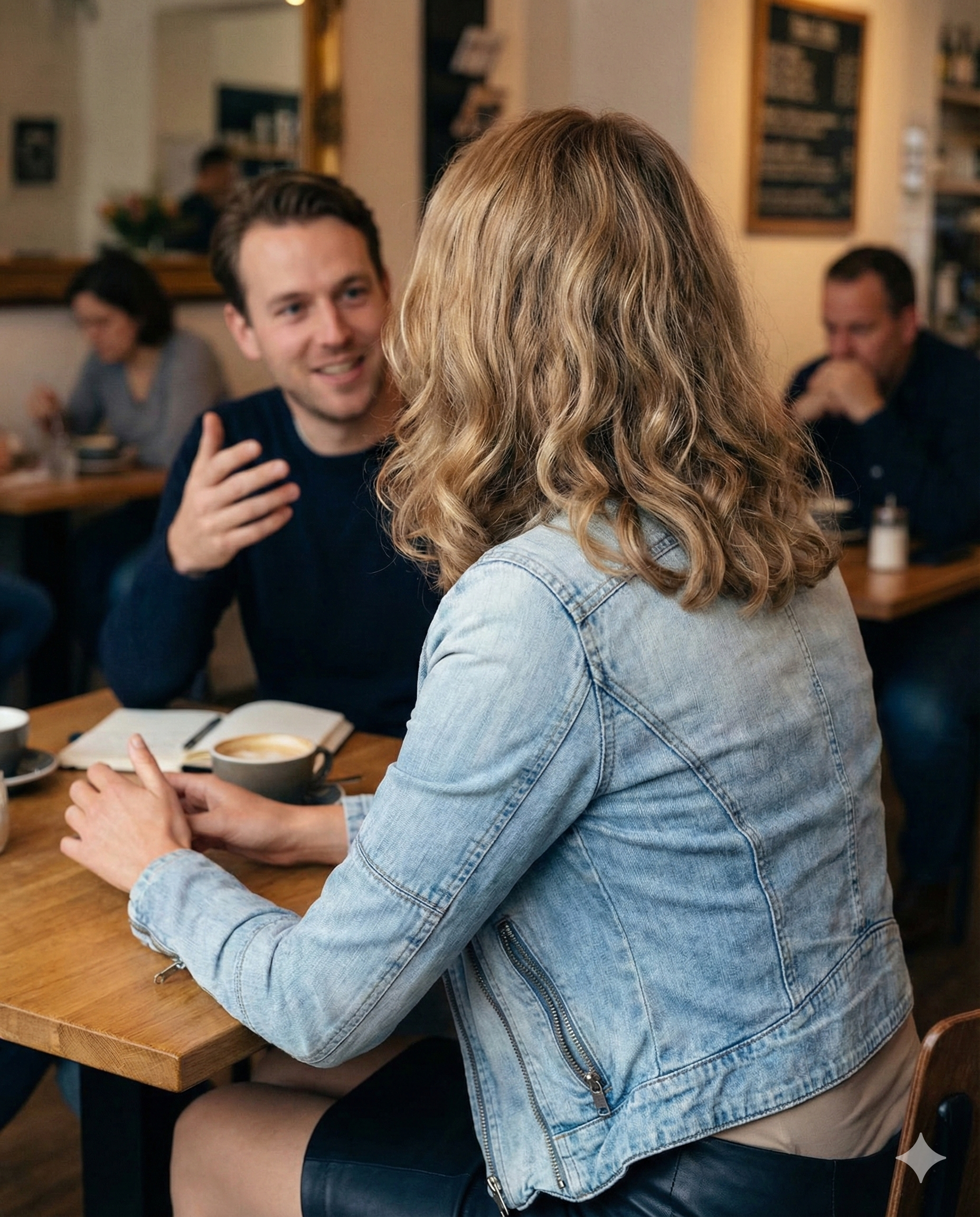 Een jonge vrouw met krullend haar die naar de camera kijkt en haar handen in een frame-vorm houdt.
