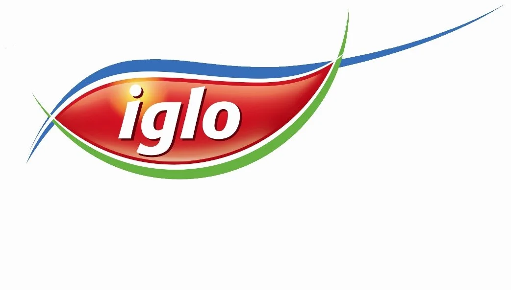 Logo van het merk Iglo met rode, groene en blauwe grafische elementen.