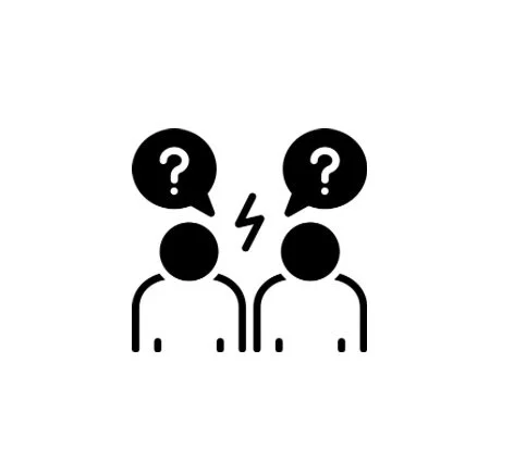 Two simplified human figures facing each other with speech bubbles containing question marks above their heads, indicating confusion or a question exchange.