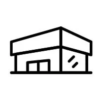 A simple black and white line drawing of a store or small commercial building with a large front window and a flat roof.
