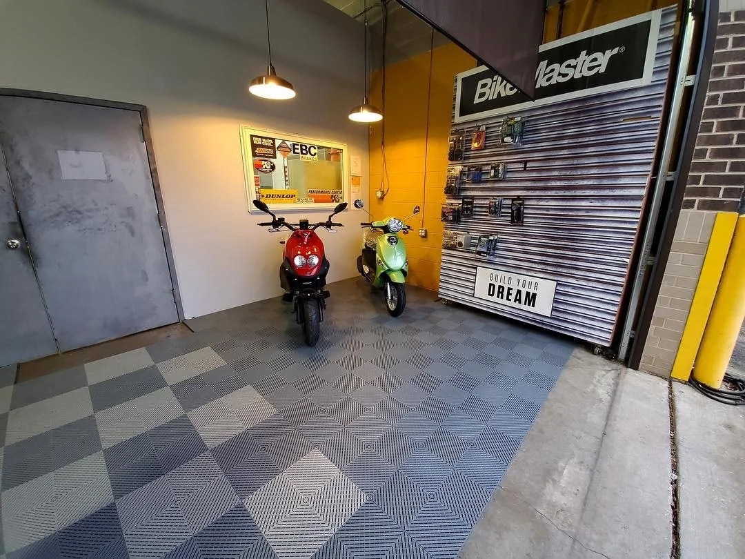 Front of store. The metal doors allow service department access
