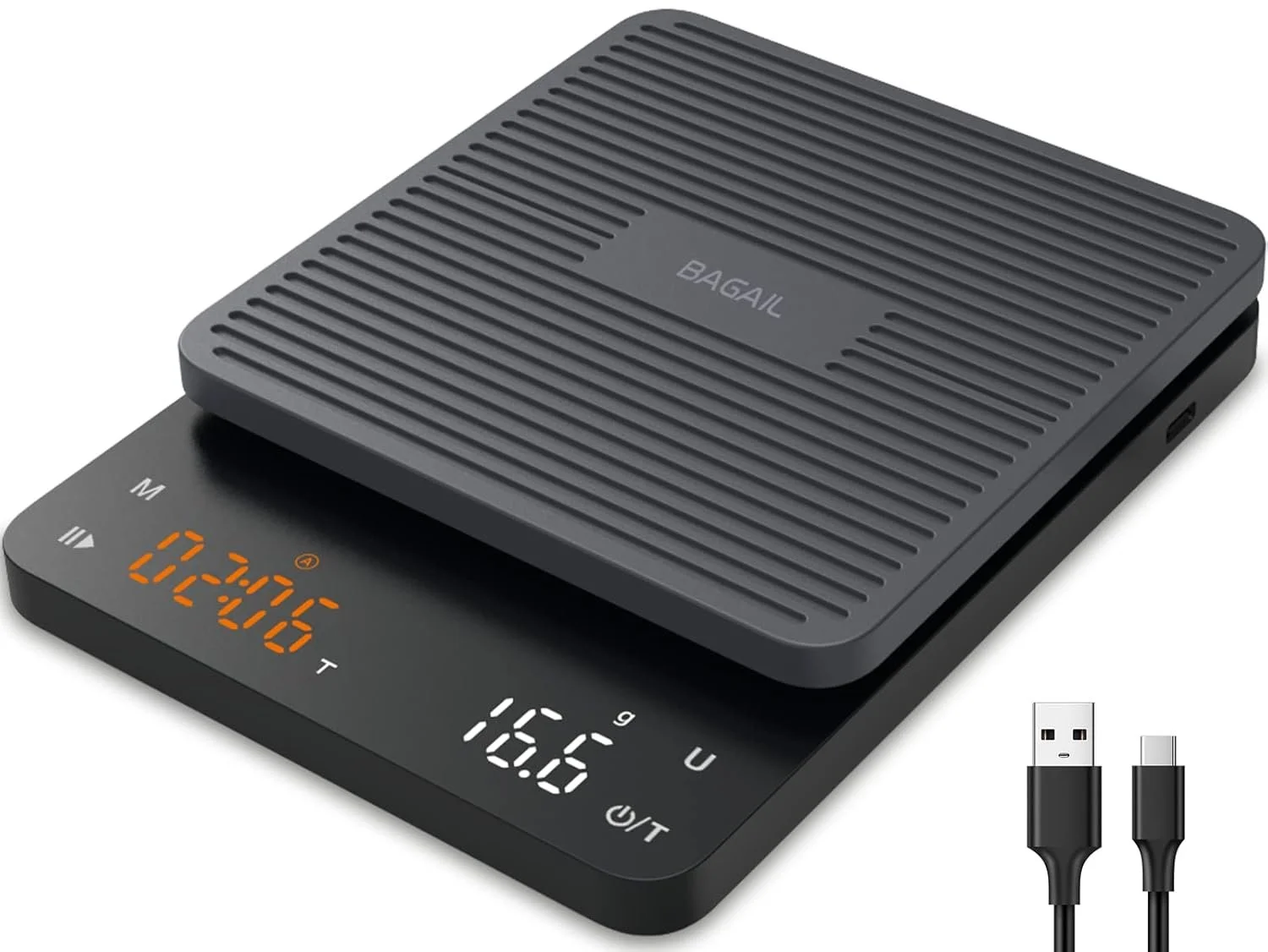 Digital scale with a portable mini grill or stove on top, display showing weight 16.5 grams, and two USB cables beside it.