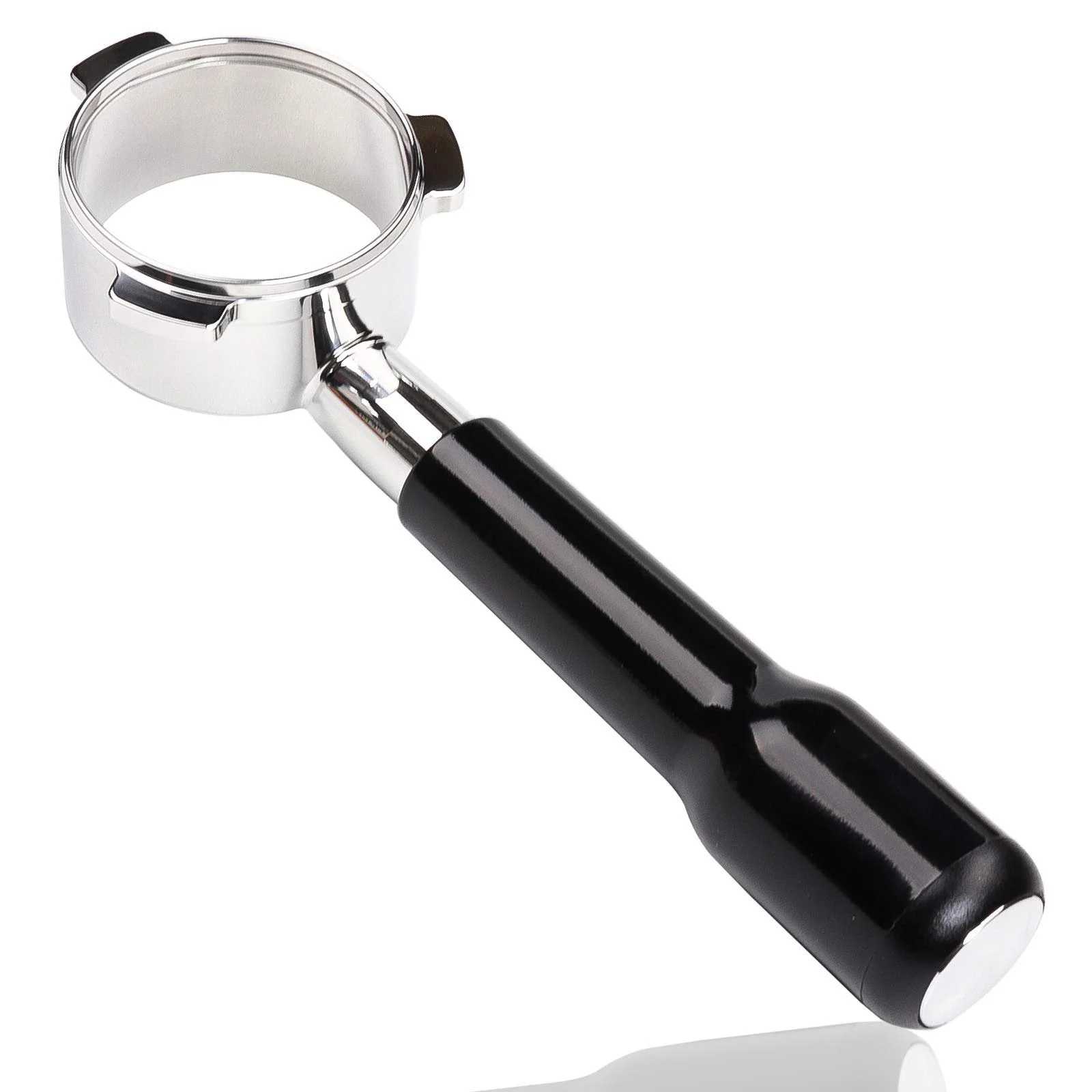 A metal coffee tamper with a black handle used for compressing ground coffee in a espresso machine portafilter.
