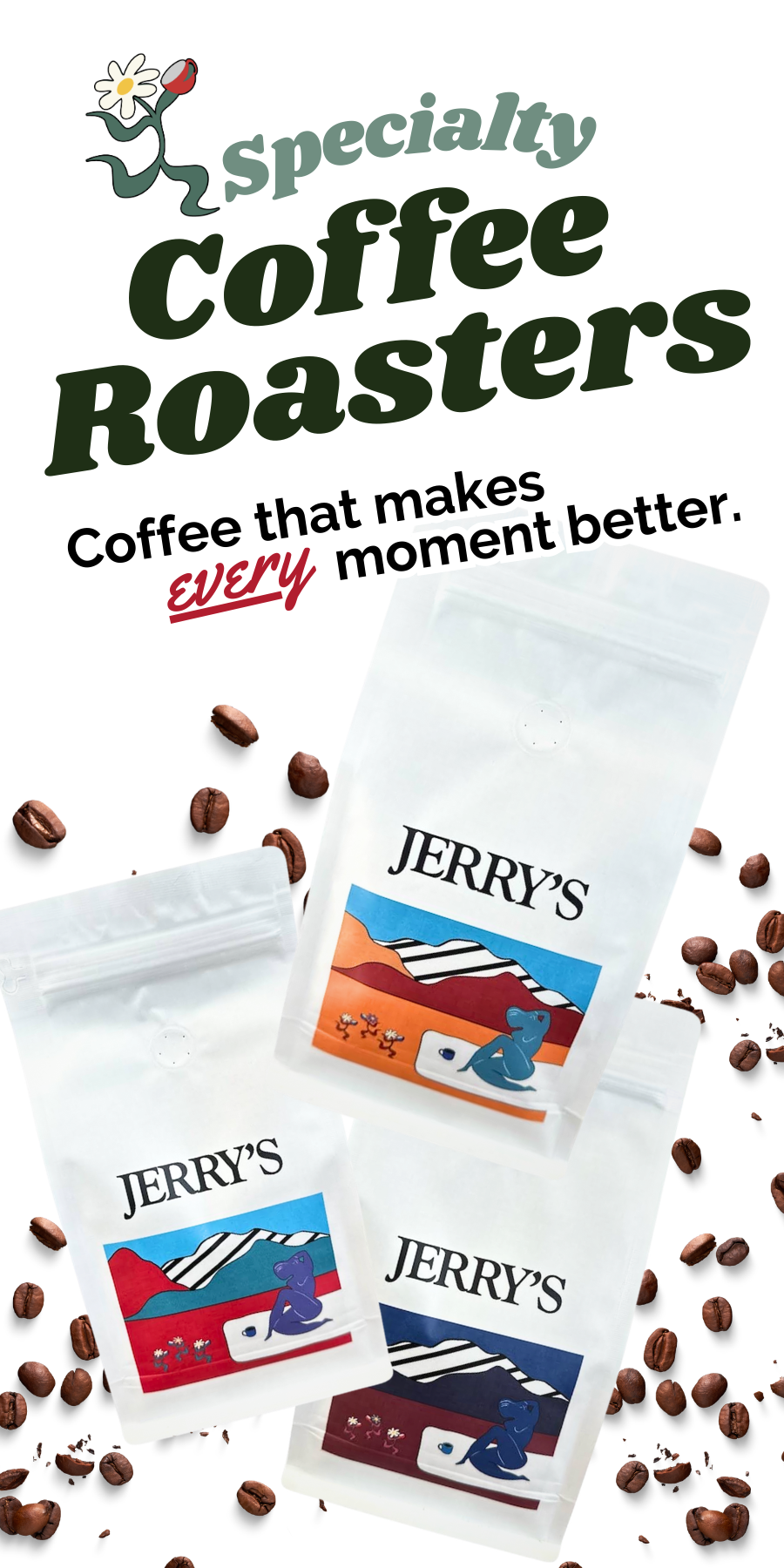 Image of three white bags of Jerry's coffee, each with a colorful mountain and animal logo, surrounded by scattered coffee beans.