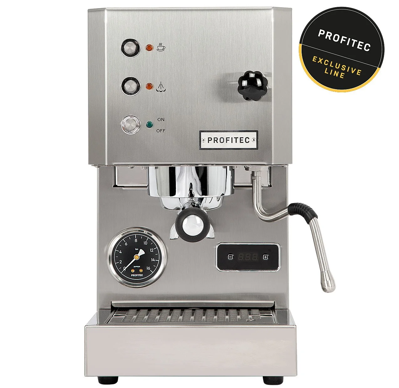 A stainless steel commercial espresso machine with a steam wand, gauges, and control buttons.