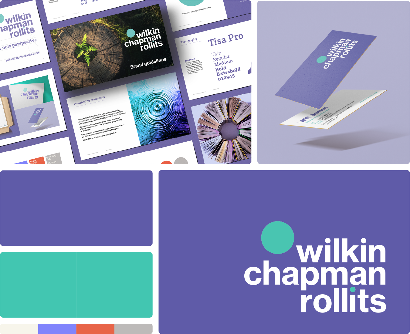 Branding and marketing materials for Wilkin Chapman Rollits, including a logo, business card, brand guidelines, and various presentation pages with purple, teal, and white color schemes.