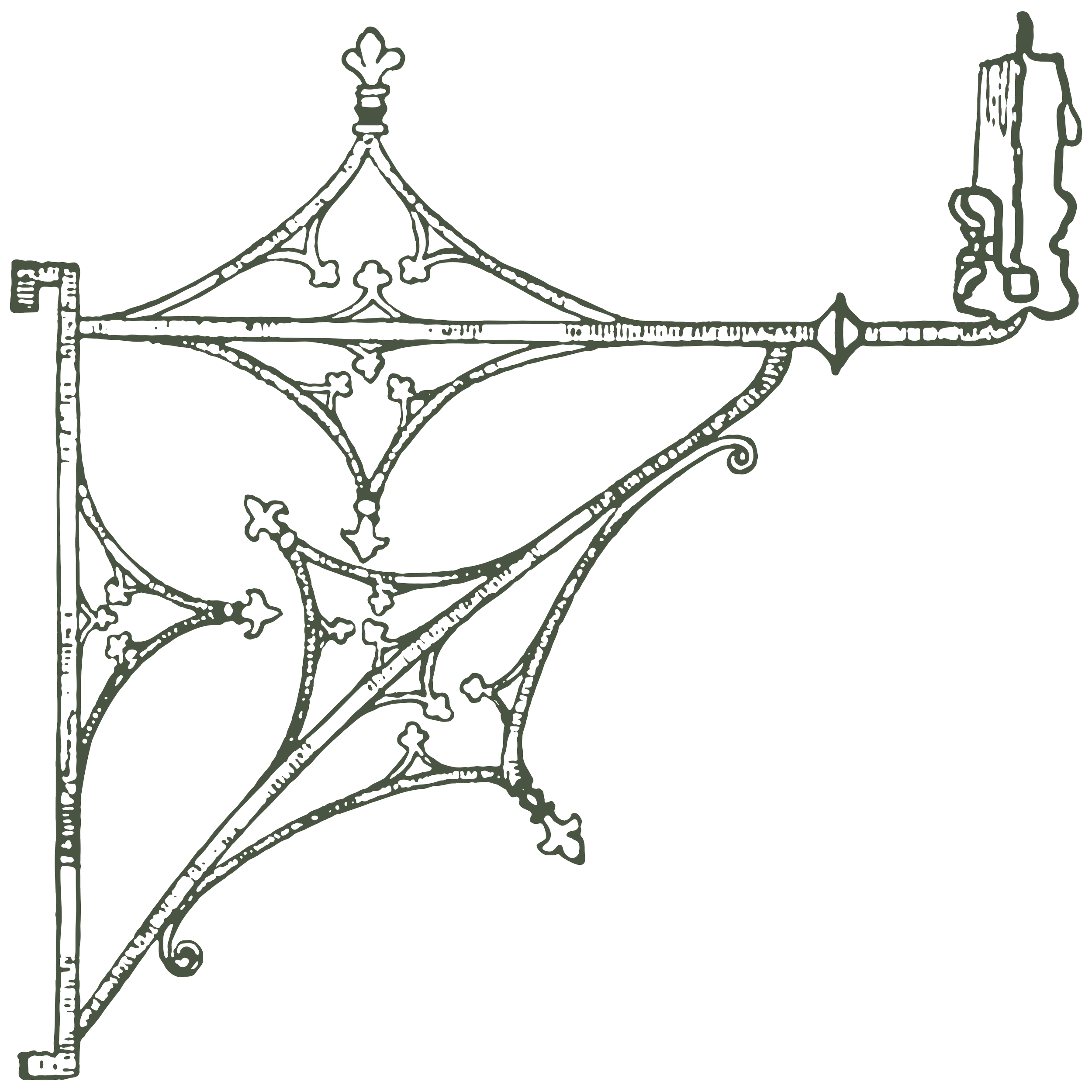 Line drawing of ornate metalwork holding a candle, connected by ornate metalwork.
