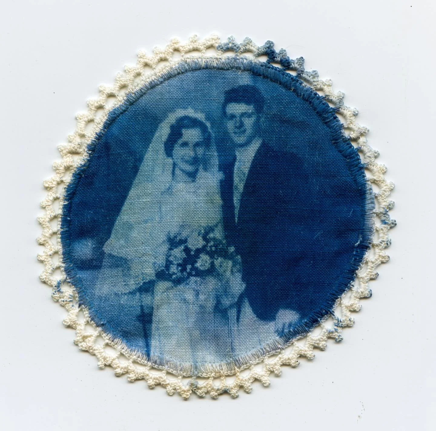 Cyanotype on a doily of my great grandparents Eva &amp; August on their wedding day🔹