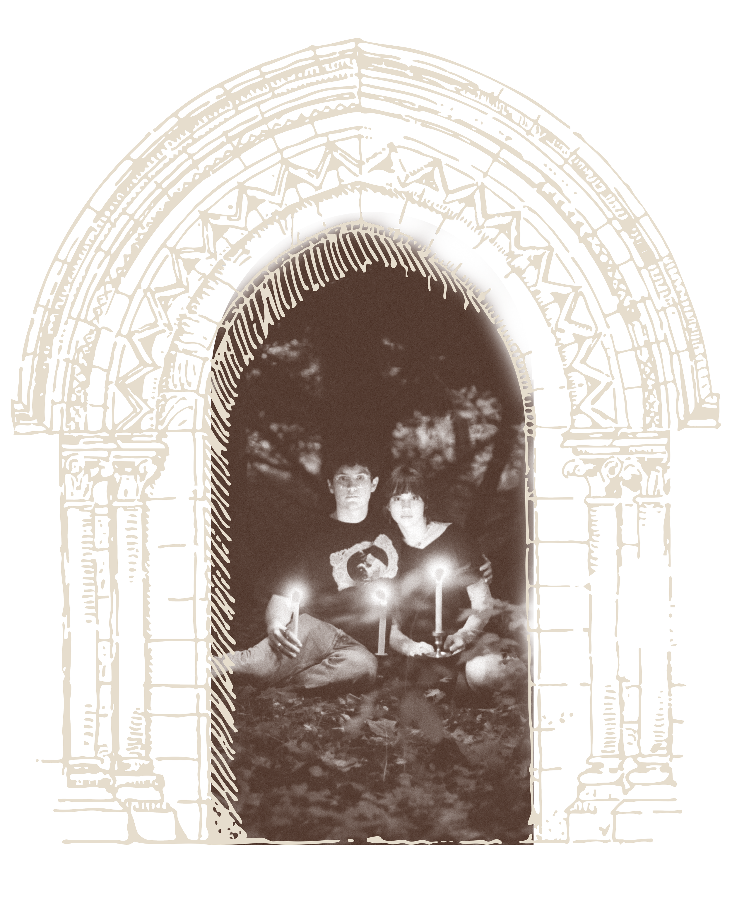 A black and white photo of two young people sitting outdoors under a large archway, holding candles. One person is looking towards the camera, and the other is looking downward.