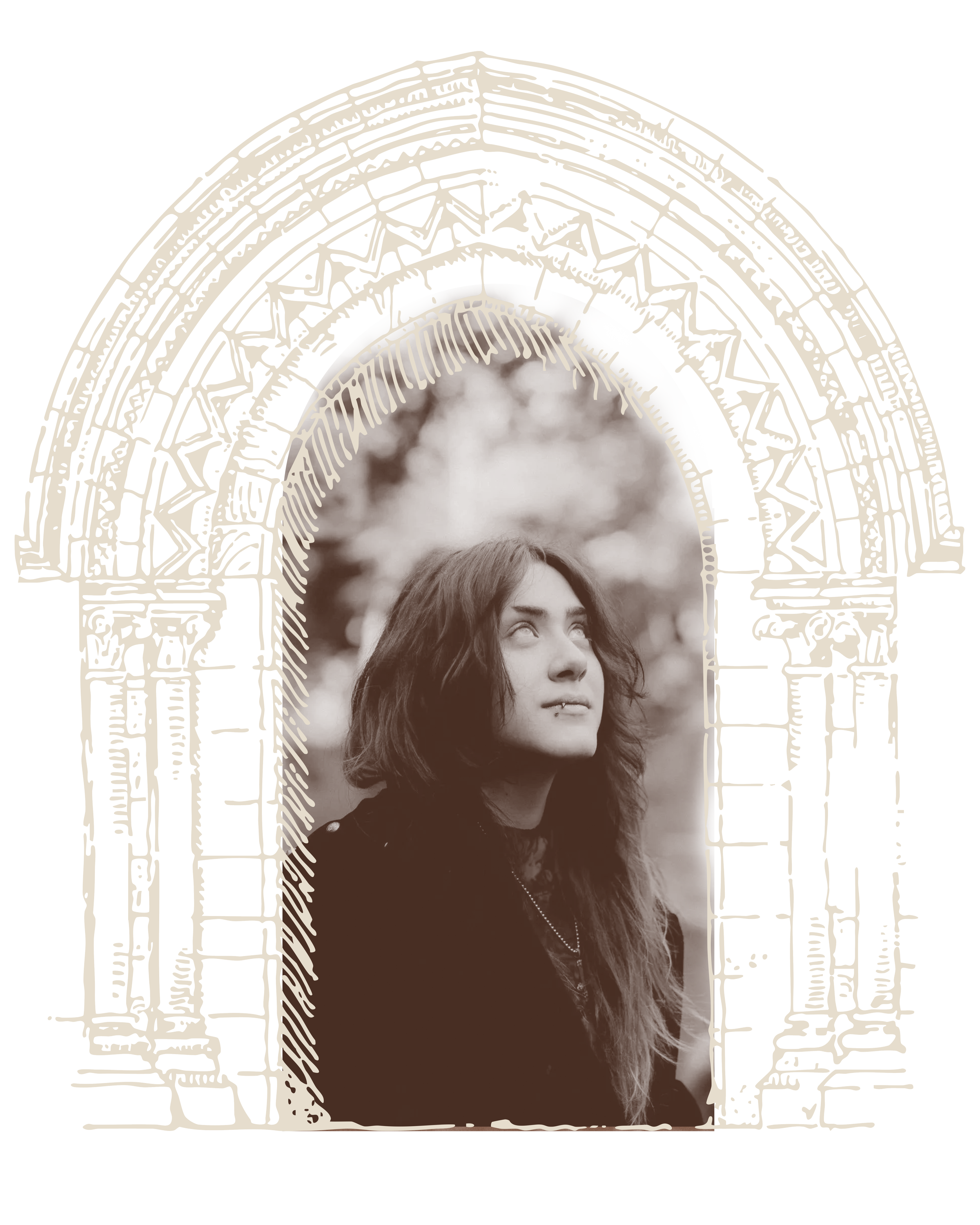 A woman with long hair and dark clothing looking upward, standing in front of an ornate archway with decorative patterns, cloudy sky in the background.