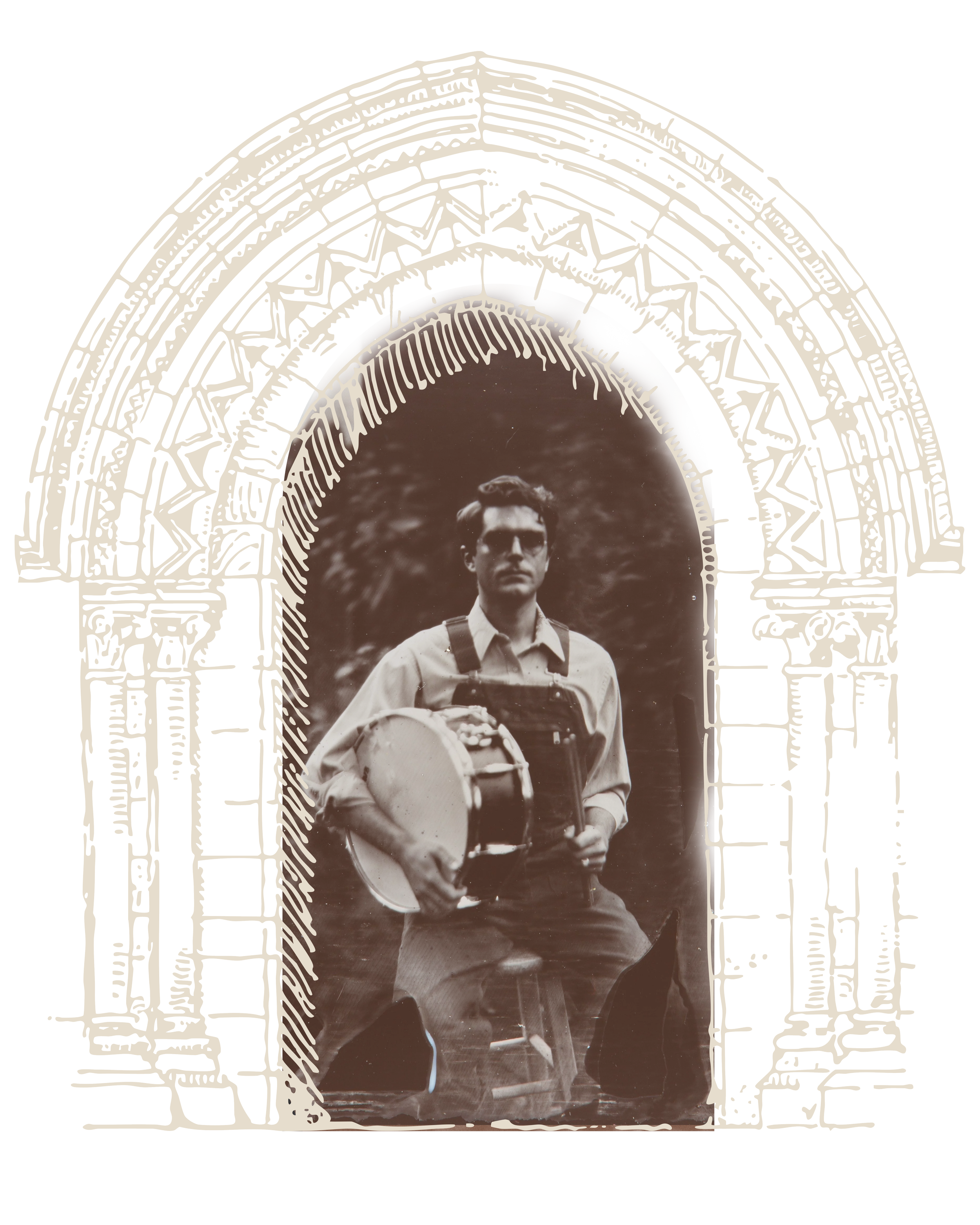 A black-and-white photo of a young man with glasses, holding a helmet, standing under an ornate stone archway.