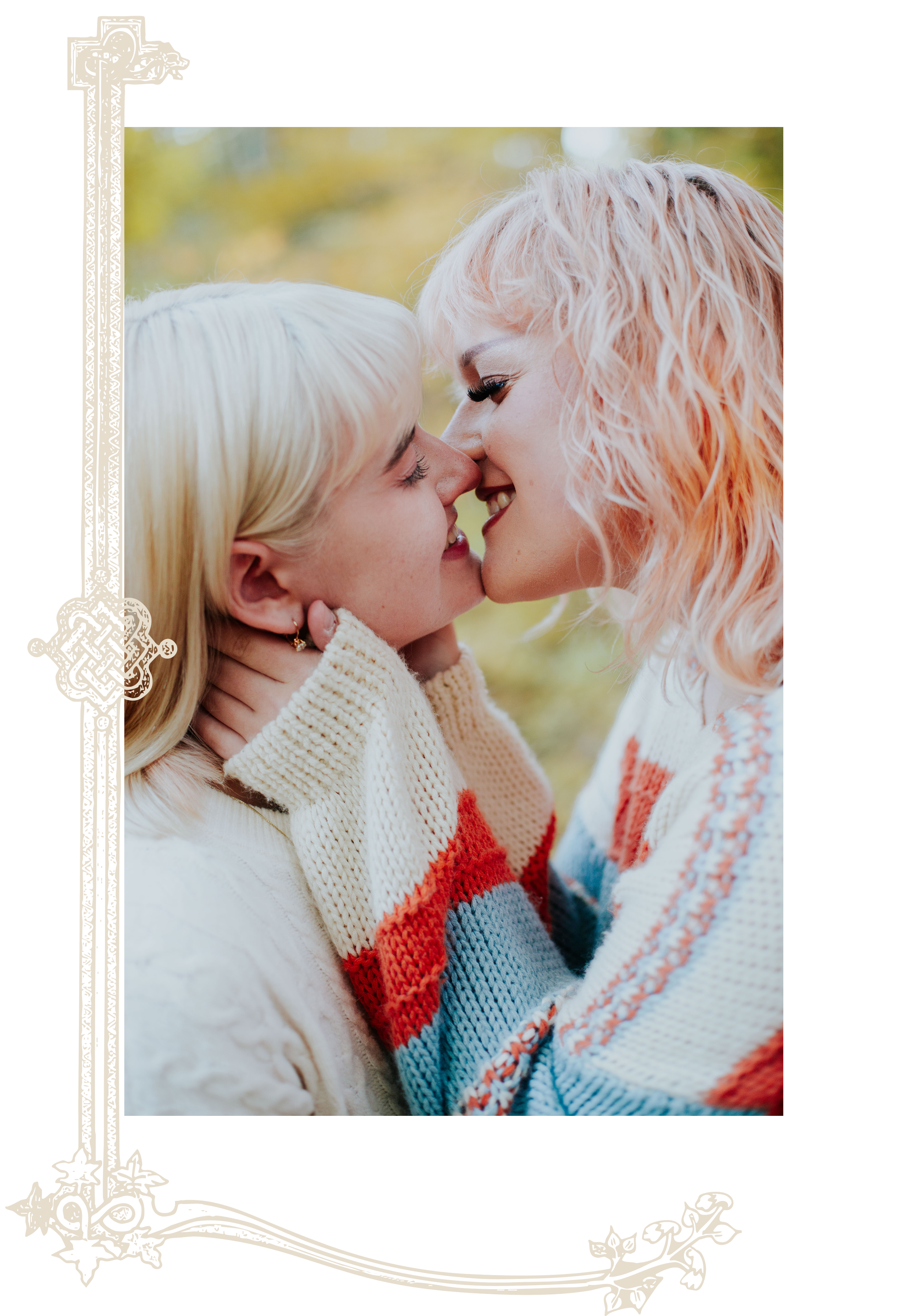 Two women with blonde hair and light skin gently touching foreheads and smiling, leaning in for a kiss, outdoors with blurred autumn background, wearing cozy sweaters.