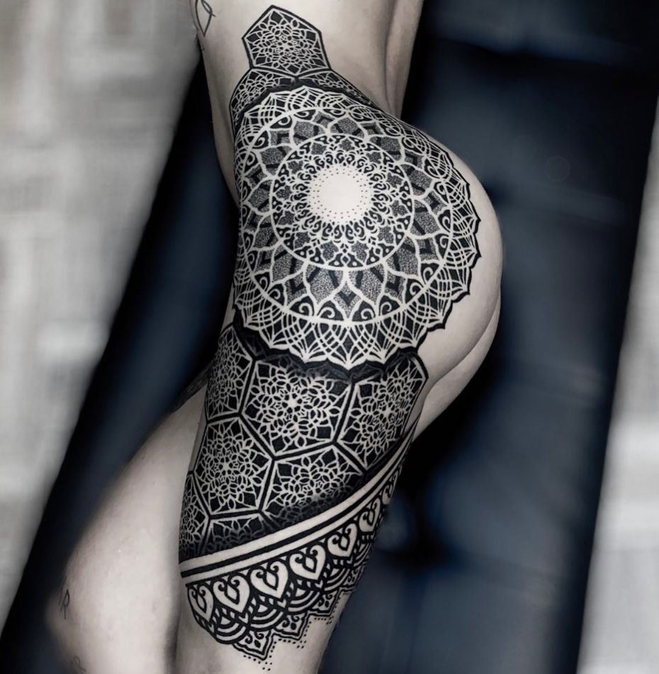 Ornamental mandala tattoo in Lisbon, Portugal – fine line symmetry and intricate patterns by Thiago Benevides