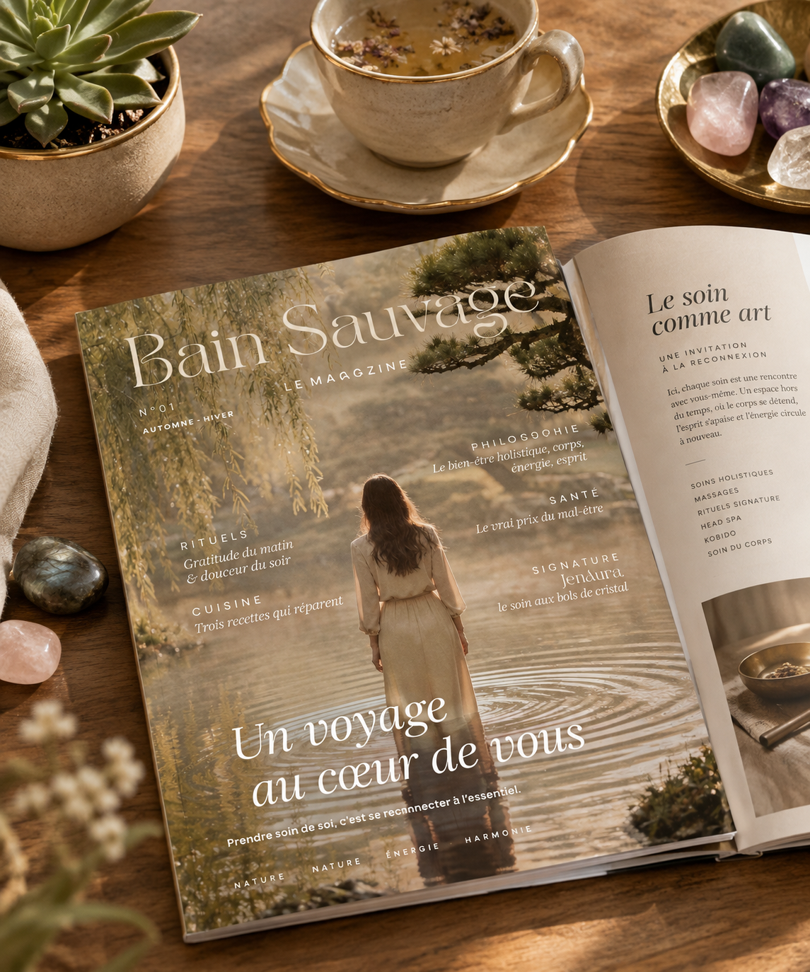 Une table en bois avec un magazine intitulé "Bain Sauvage" ouvert, entourée de pierres de décoration, une tasse de thé ou de tisane, un pot de plantes grasses, et un plateau avec des cristaux. Le magazine parle de bien-être, nature, énergie et harmonie.