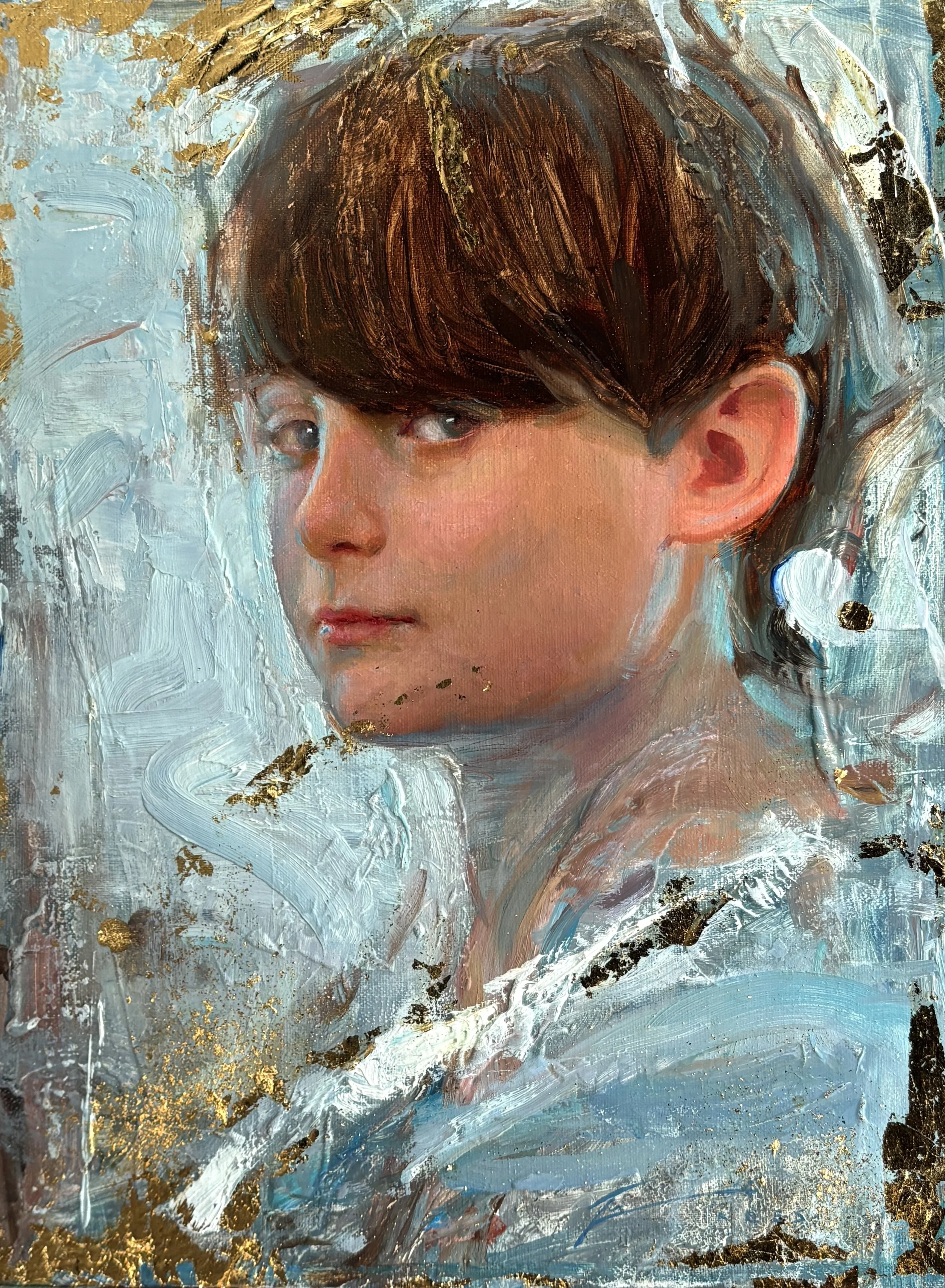 "Mischief"   12x9 inches.  Oil and 23K Gold.  $4,000