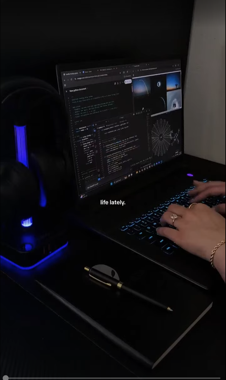 A person typing on a backlit keyboard at a desk with a laptop, headphones, and a pen, in a dark room with a monitor displaying code and visuals.