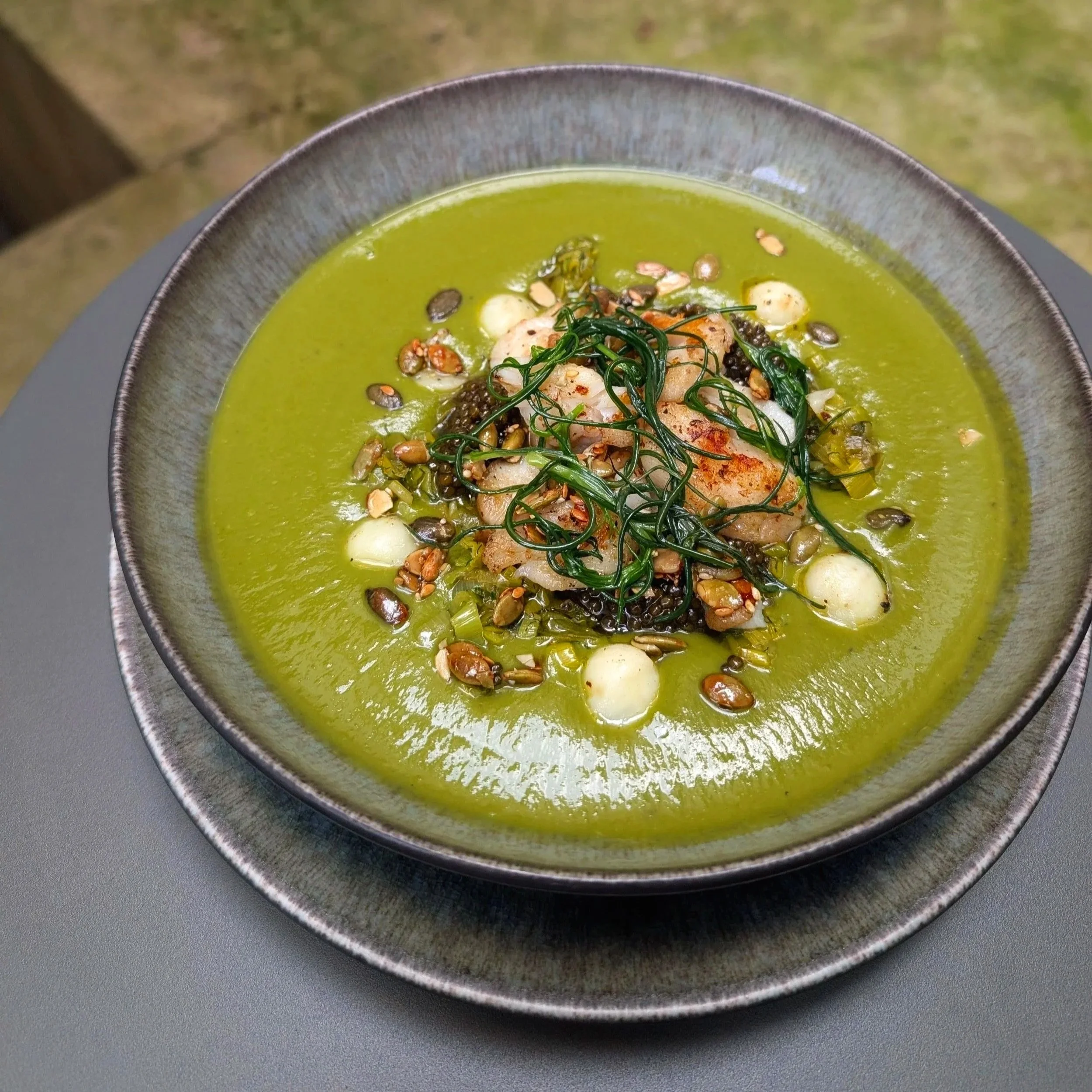 Superfood Seafood Soup (Leek, Kale, Spinach,  Moringa, Chlorella), Monk's Beard, Pearled Potatoes & Caviar