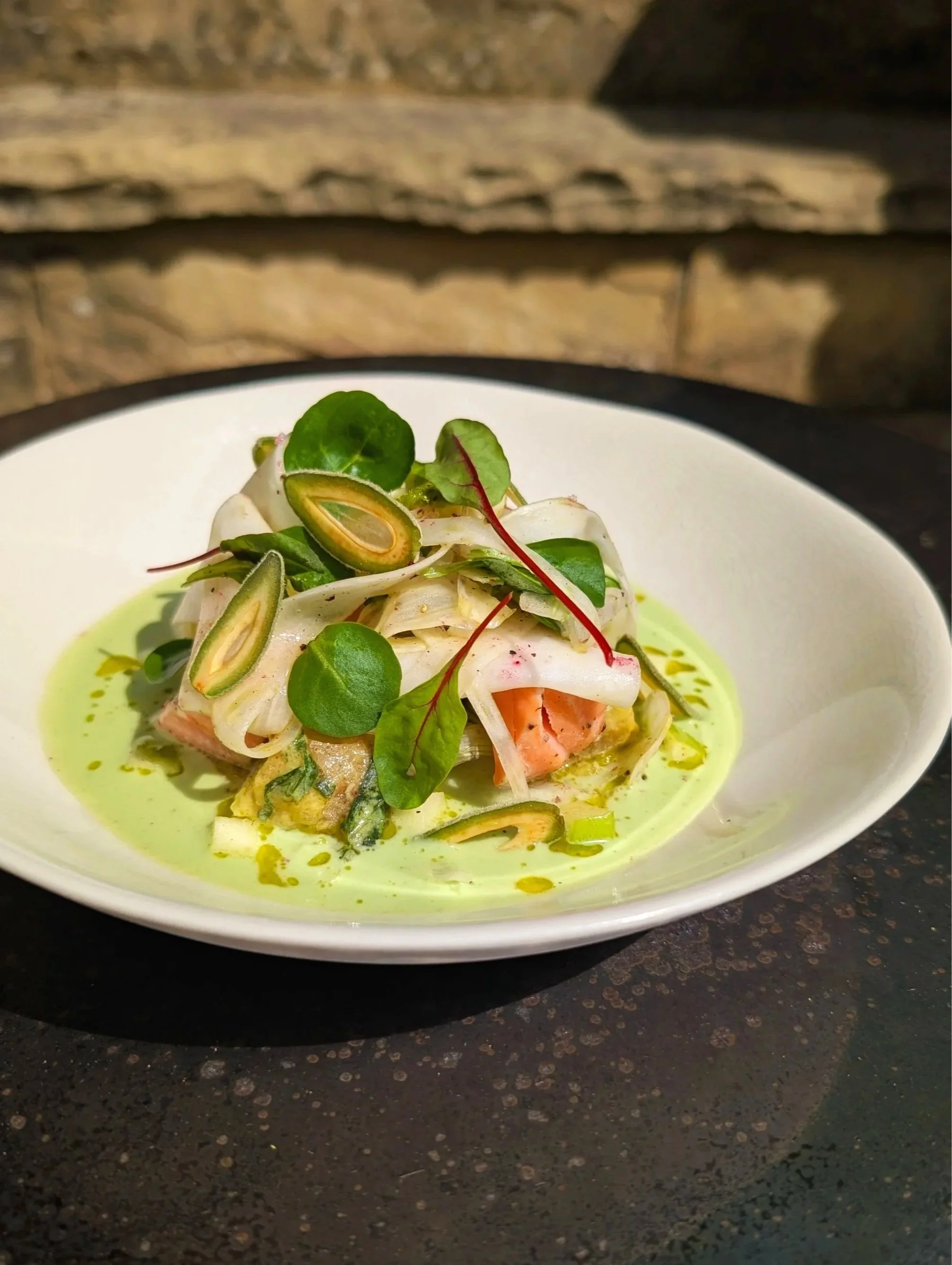 Cucumber Gazpacho, Pickled Fennel, Kohlrabi, Salmon, Green Almond, Mint Oil