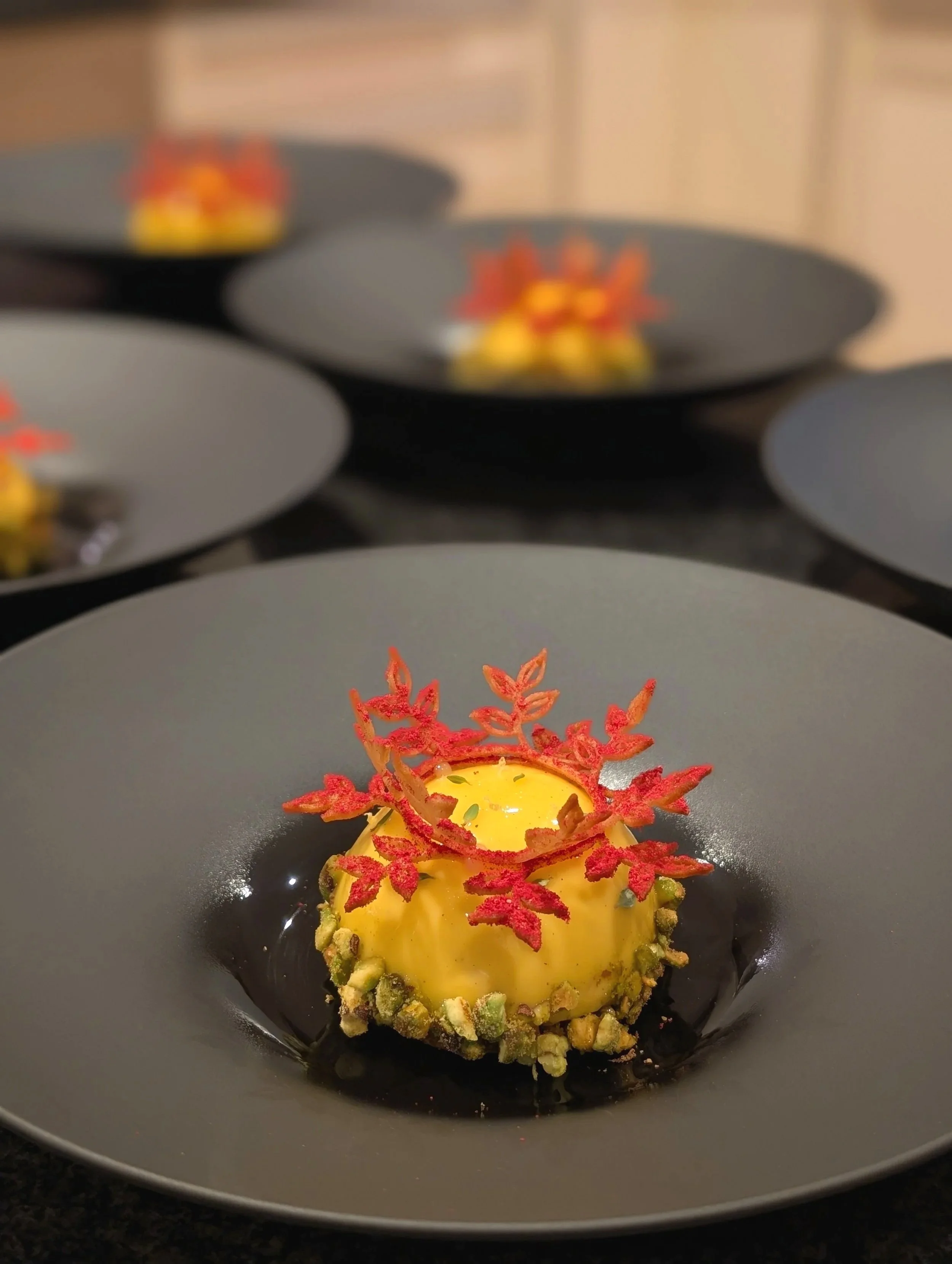Lemon, Pistachio, Lemon Thyme & Olive Oil Entremet. Raspberry Coral