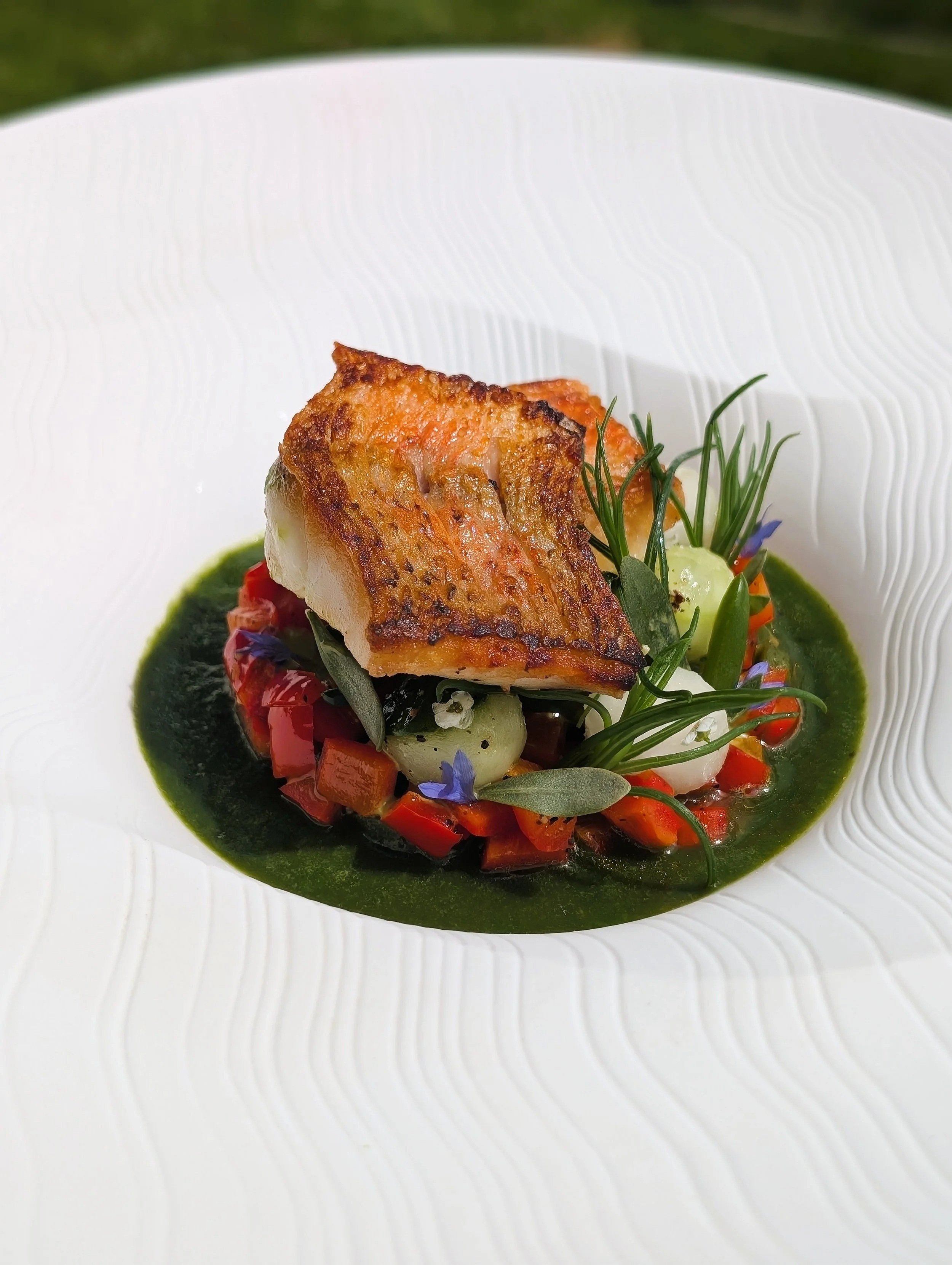 Red Mullet, Kohlrabi, Cucumber, Peperonata, Lemon Verbena, Aguachile Verde