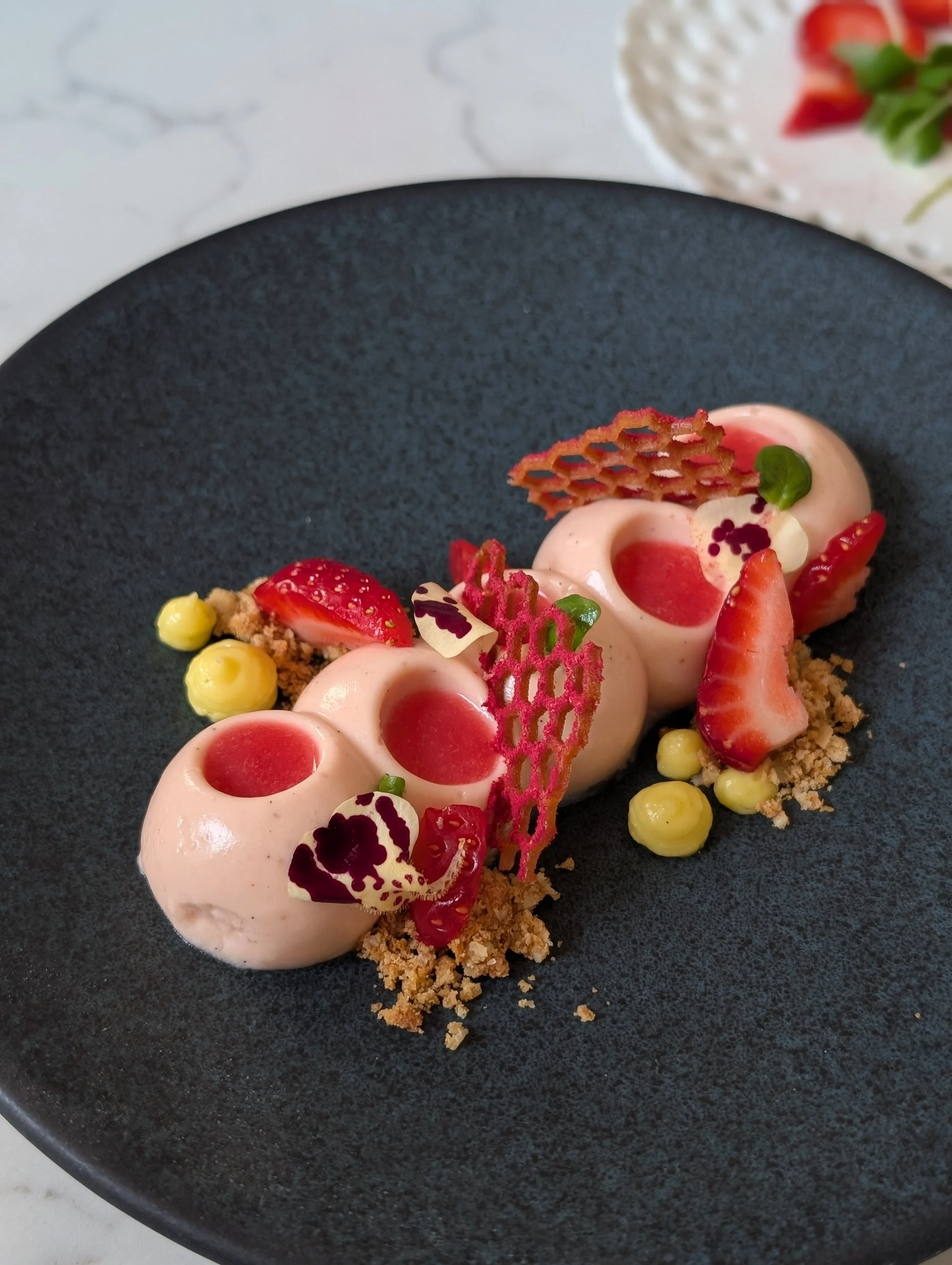 Strawberry & Lychee Mousse, Calamansi & Macadamia 