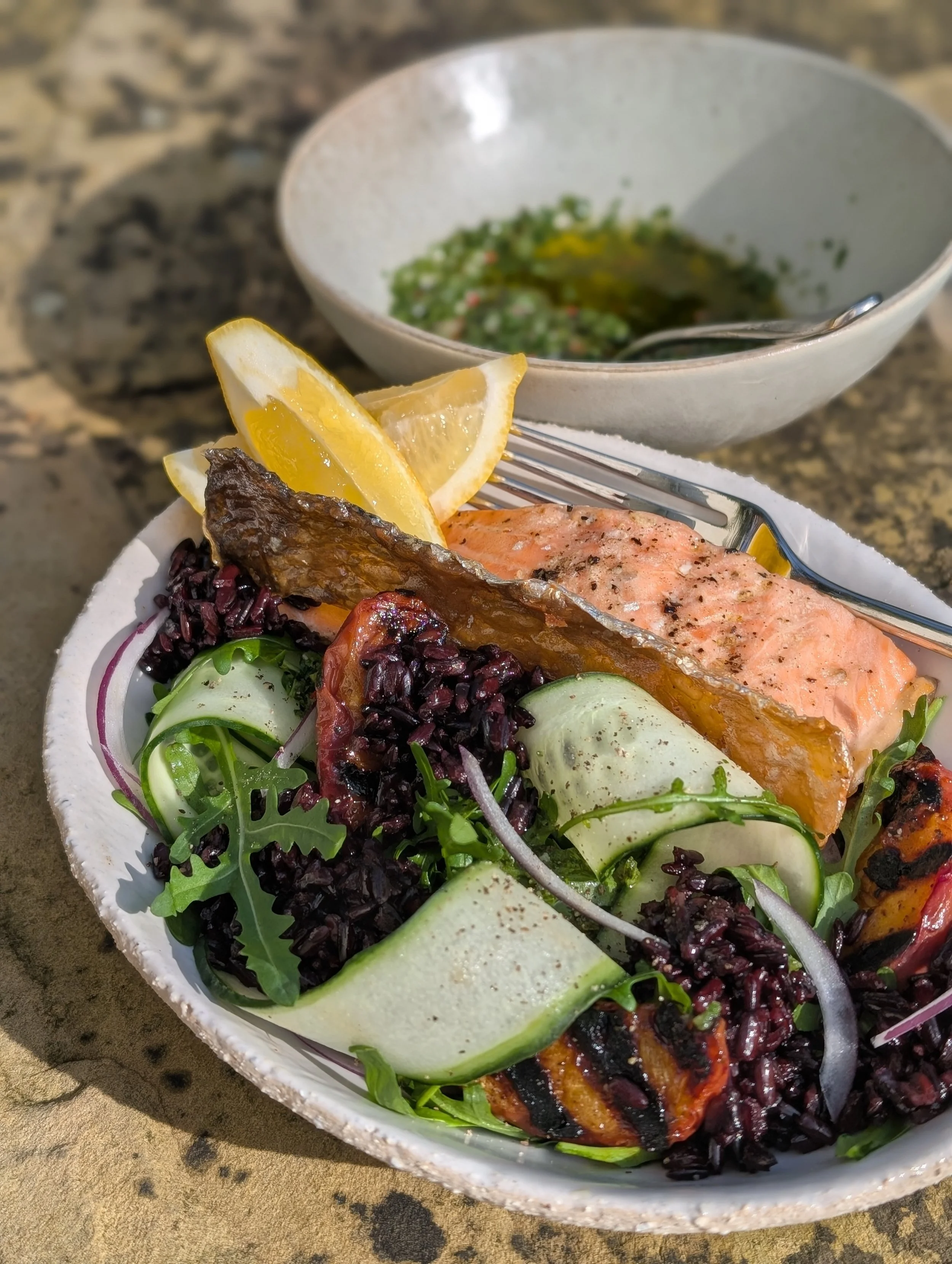 Grilled Peach, Crispy Rice, Salmon Salad. 
Sesame-Miso & Pickled Onions. 
Herb Dressing